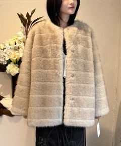 【25AW】Border Fur Coat (グレージュ) / ボーダーファーコート / エコファー / フェイクファー