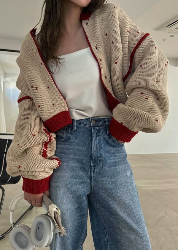 heart dot jacquard reversible cropped knit cardigan / ハートドット ジャガード リバーシブルクロップドカーディガン (レッド×タン) / 25AW