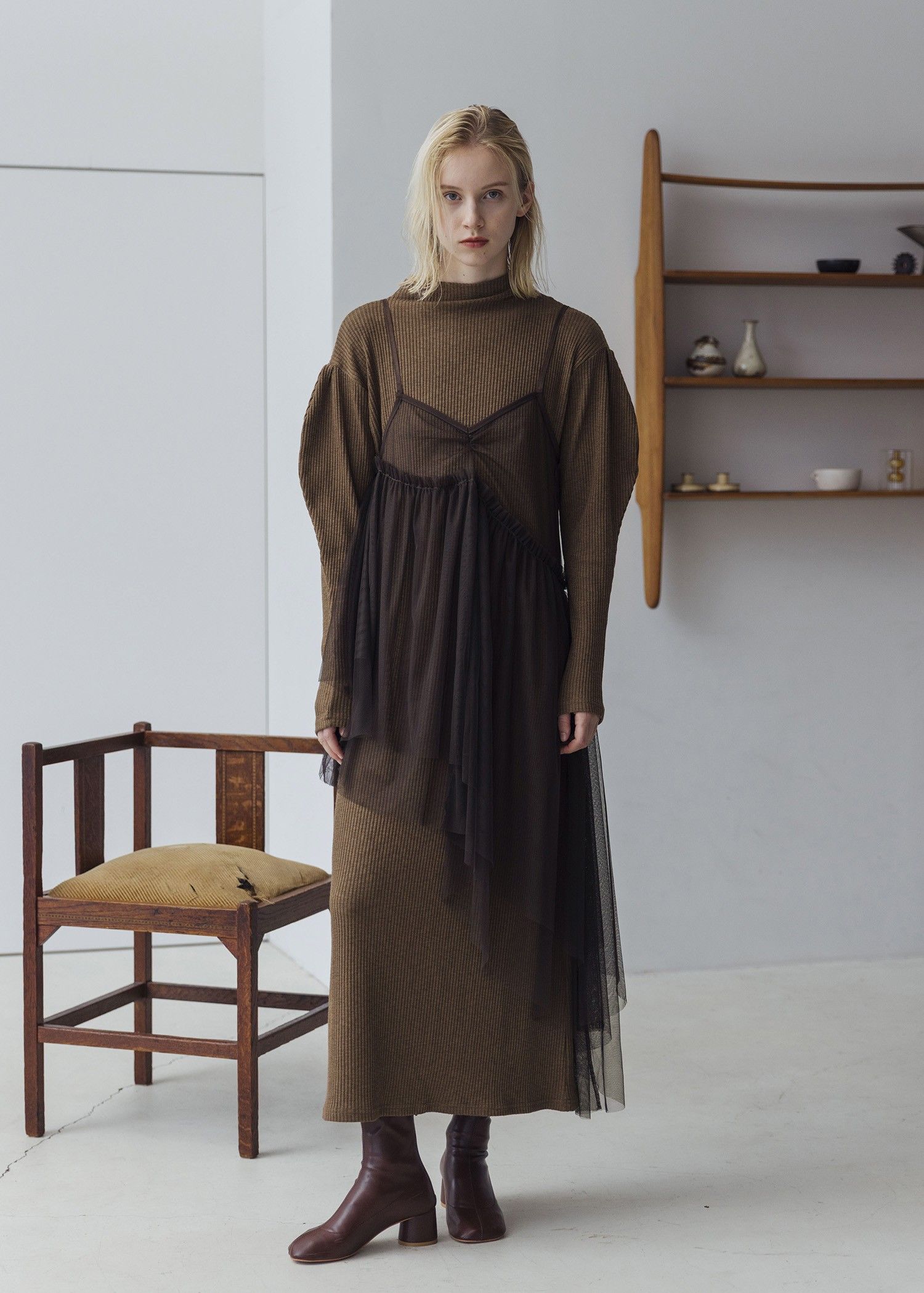 asymmetry layered tulle cami OP / アシンメトリー レイヤードチュールキャミワンピース (ブラウン) / 25AW /