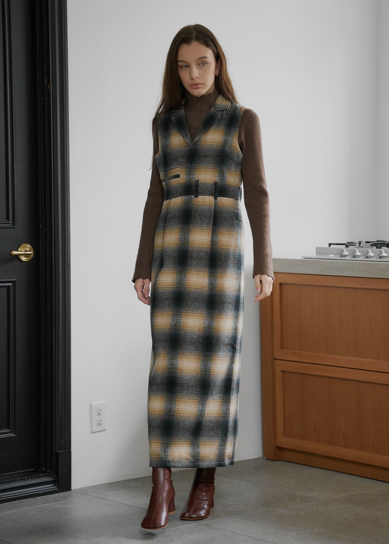 tailored collar no sleeve check OP / テーラード ノースリーブ チェックワンピース (グリーン) / 25AW /