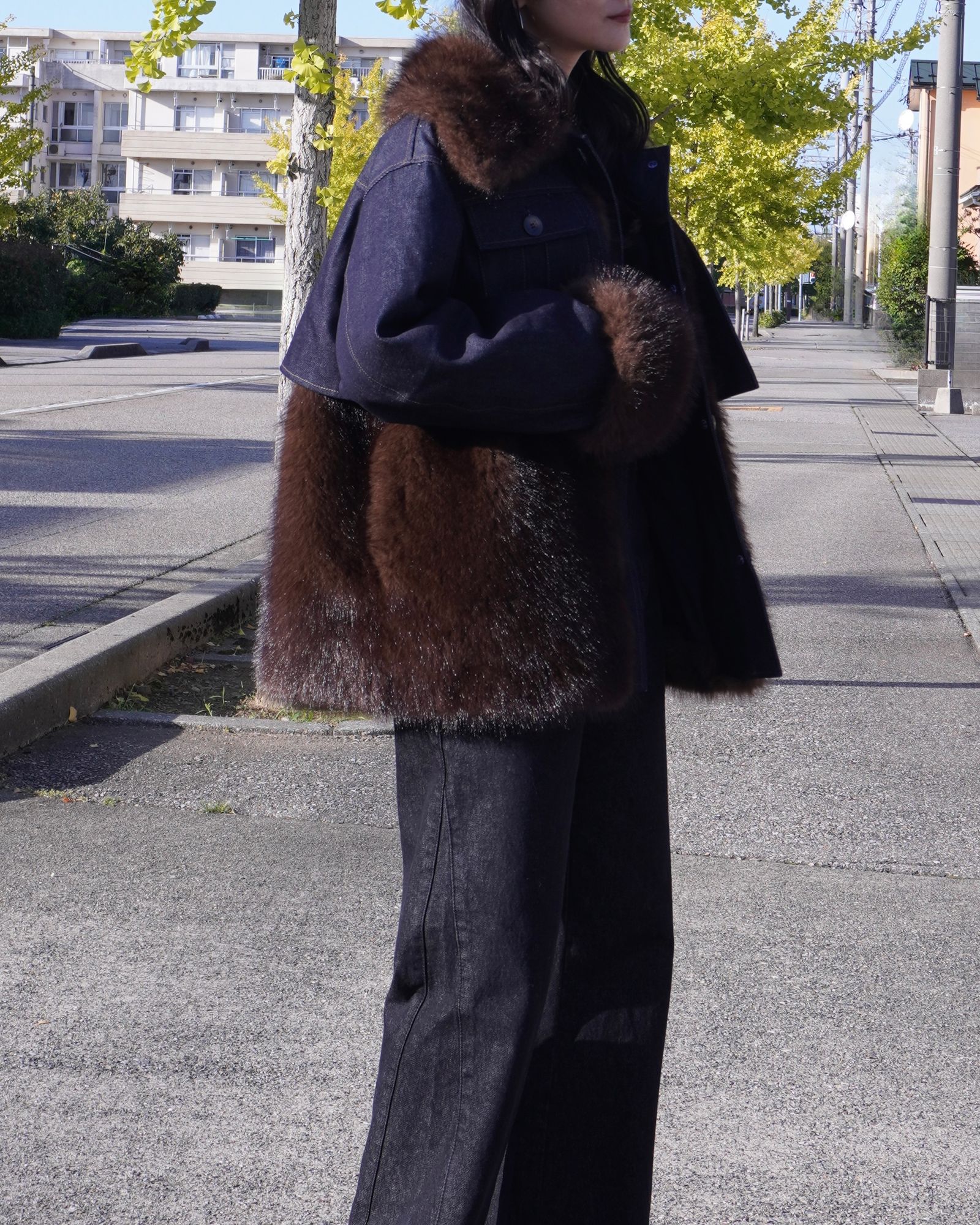 【25AW】Denim Docking Fur Jacket (ダークネイビー) / デニムドッキングファージャケット / エコファー / フェイクファー