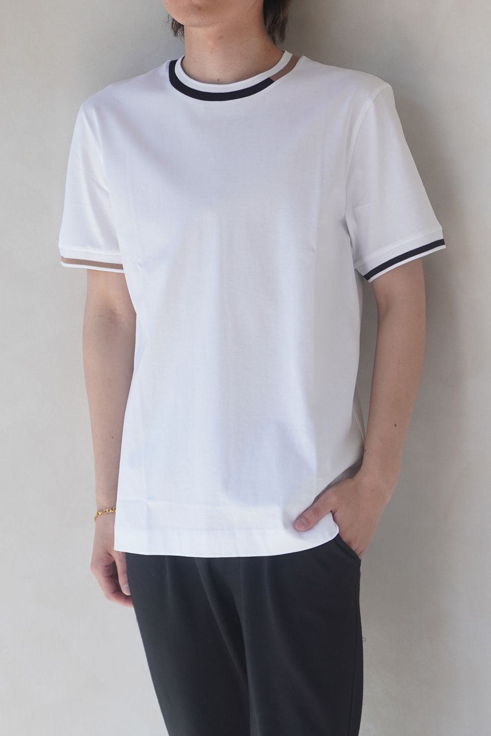 【BOSS】トリコロールリブ Tシャツl (ホワイト)