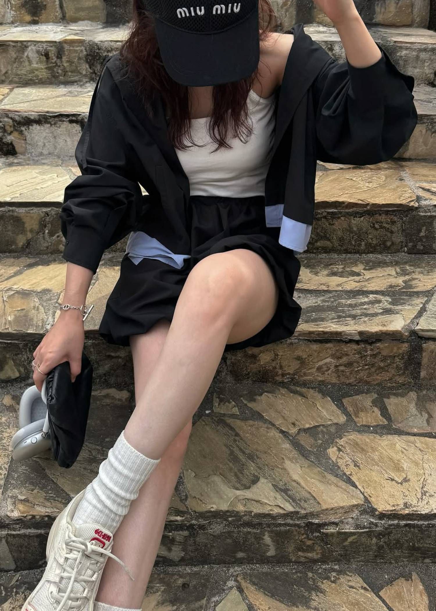UVカット フーディトップス (ブラック) UV cut layered hem shirt hoodie tops (Black) /  26SS