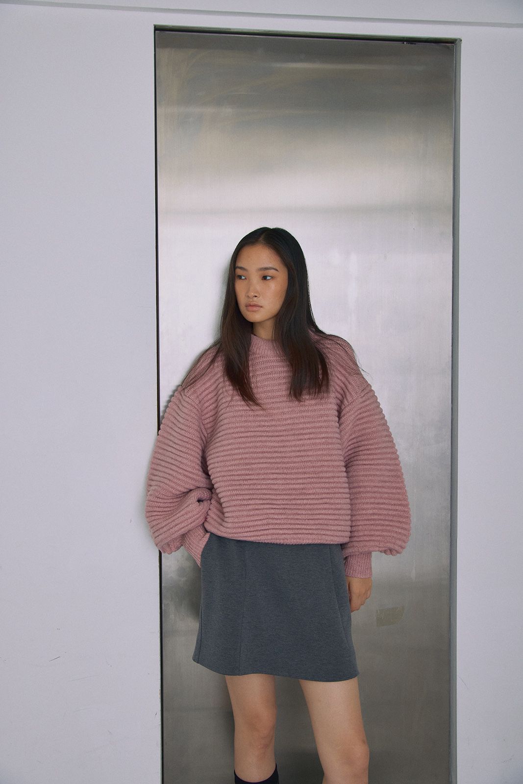 ボリュームスリーブニットトップス (ピンク) Raglan Sleeve Long Coat (Pink) / 26AW