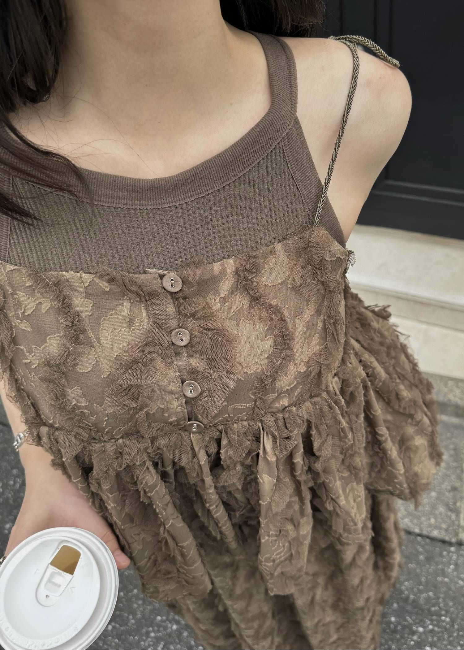 カットジャガード キャミソール (モカ) cut jacquard tulle gather camisole (Mocha) /  26SS