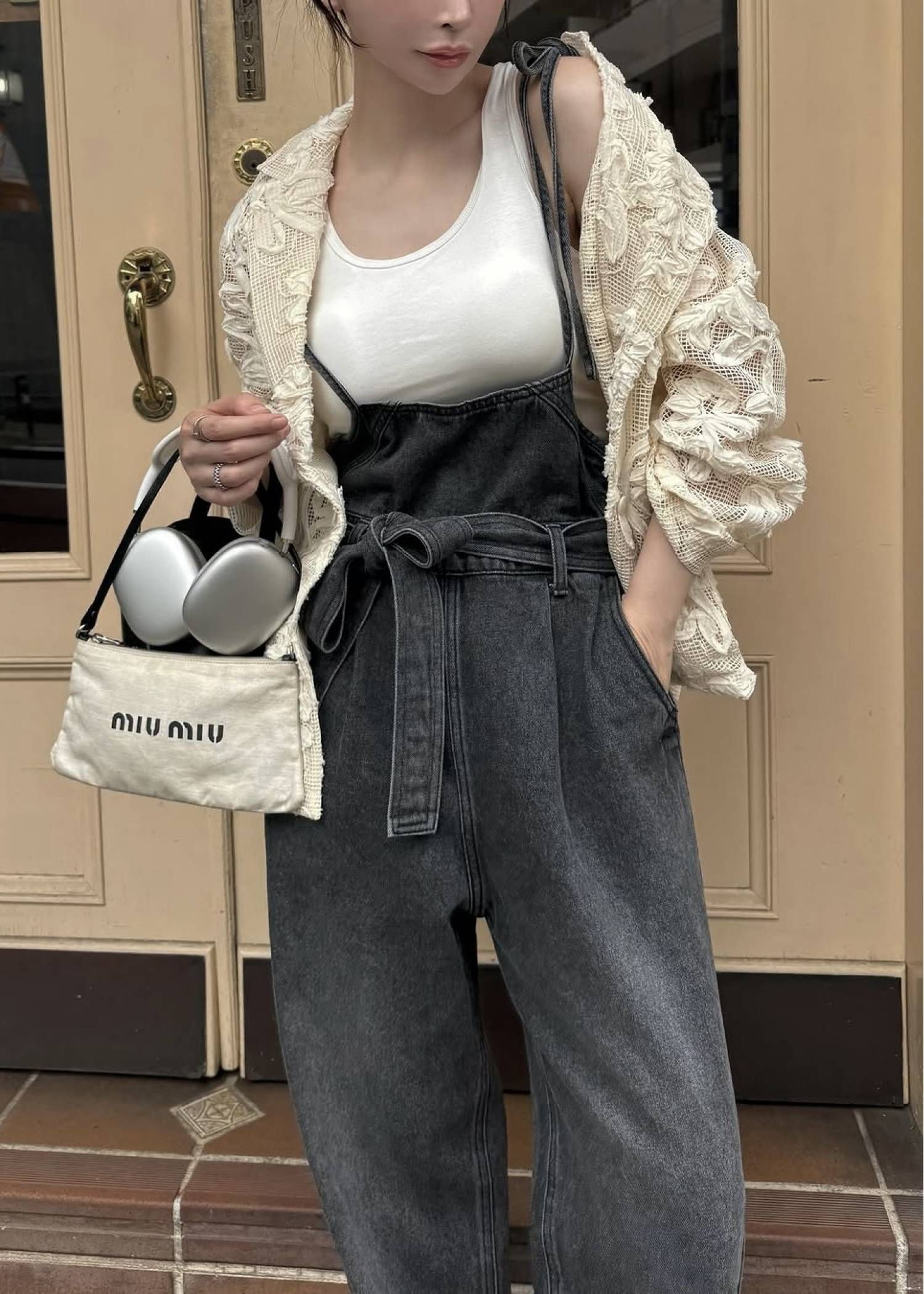 デニム リボンサロペット (ブラック) denim tapered ribbon salopette (Black) /  26SS