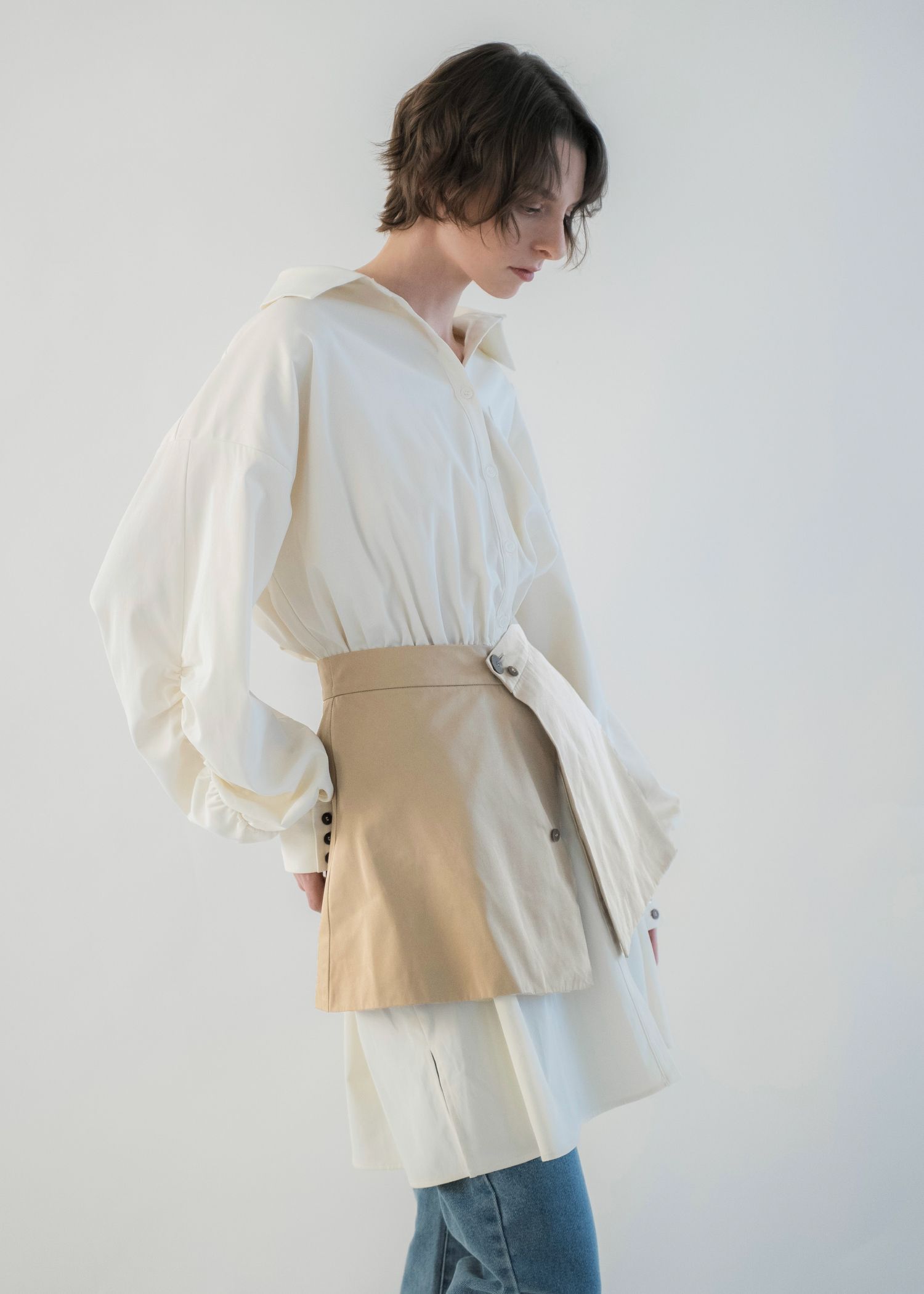 docking skirt layered like shirt OP / スカートレイヤード シャツワンピース (Tan) / 26SS