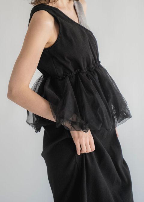 チュールペプラムワンピース (ブラック) tulle peplum docking rib OP (Black) /  26SS