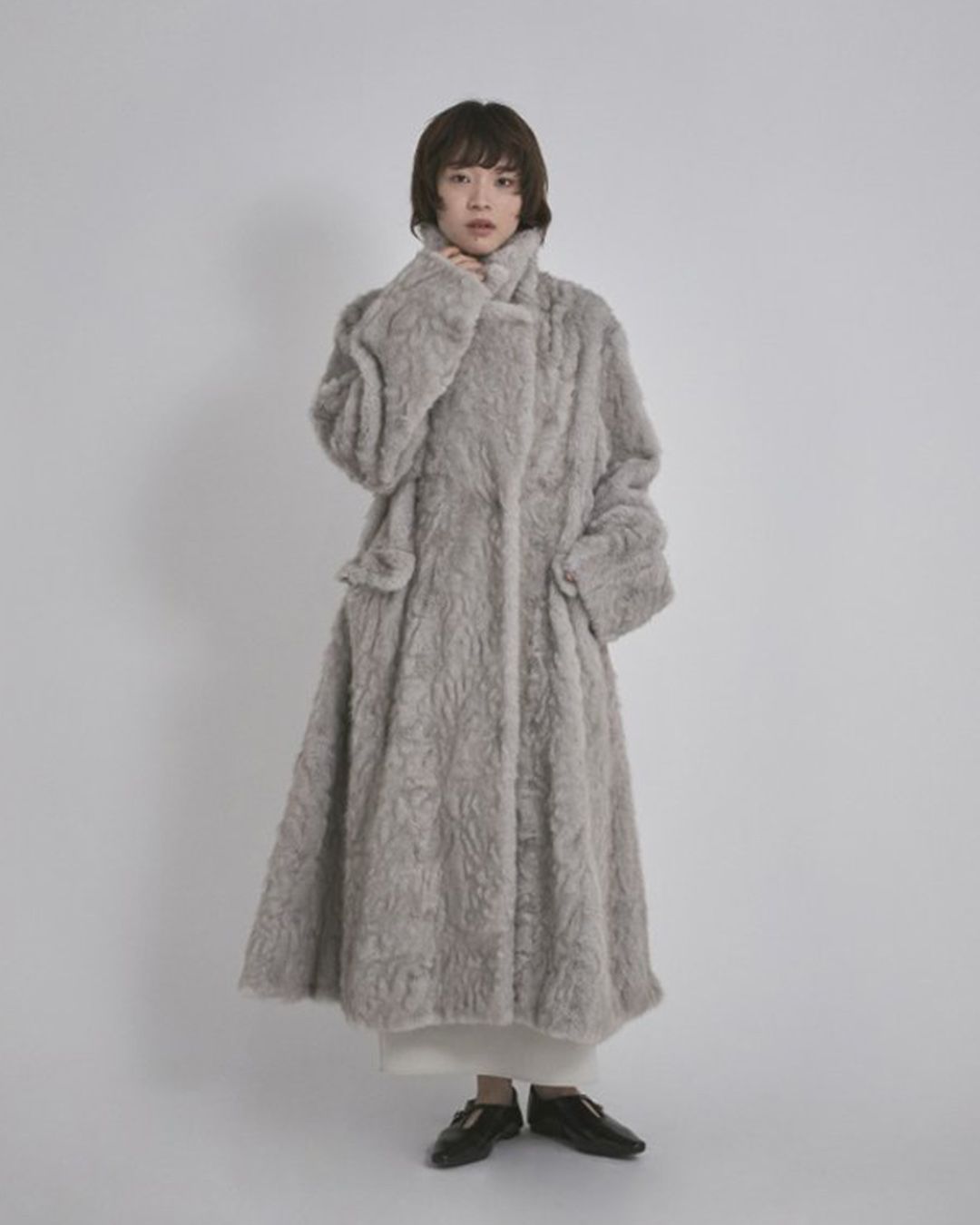 【先行予約】【26TH-12】ラビット調ファーロングコート (ライトグレー) Rabbit Like Fur Long Coat (L.gray) /  エコファー  /  フェイクファー 【受注期間6/14 23:59まで】