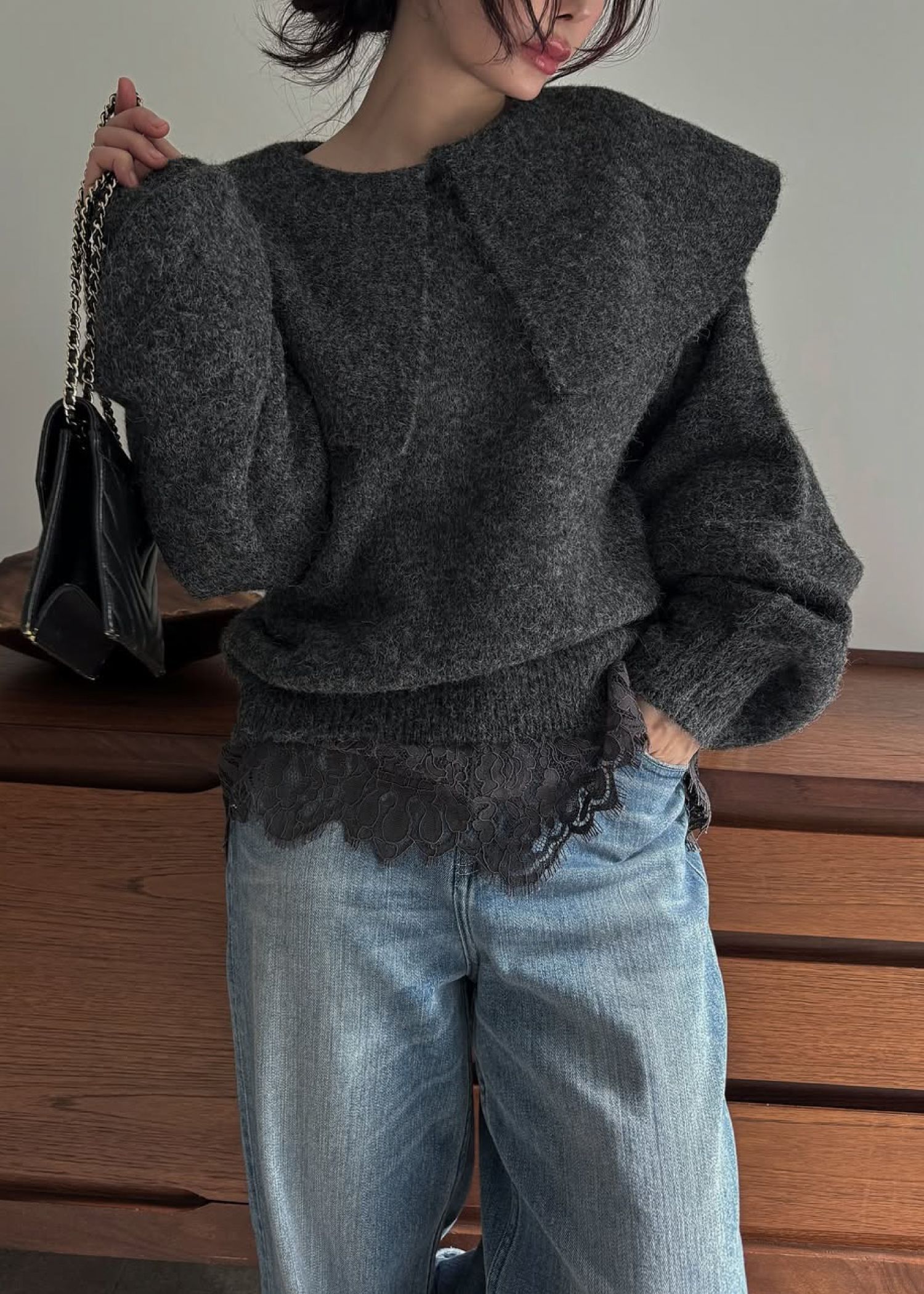 overlay big collar volume sleeve knit / ビッグカラー ボリュームスリーブニット (チャコール) / 25AW /