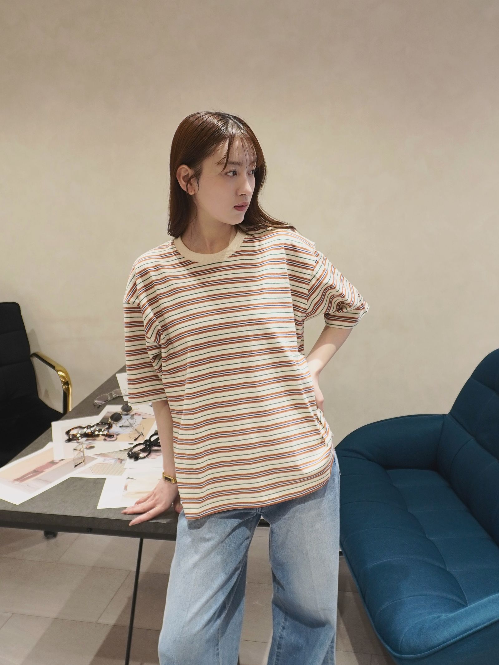 マルチボーダーTシャツ (ブラウン)