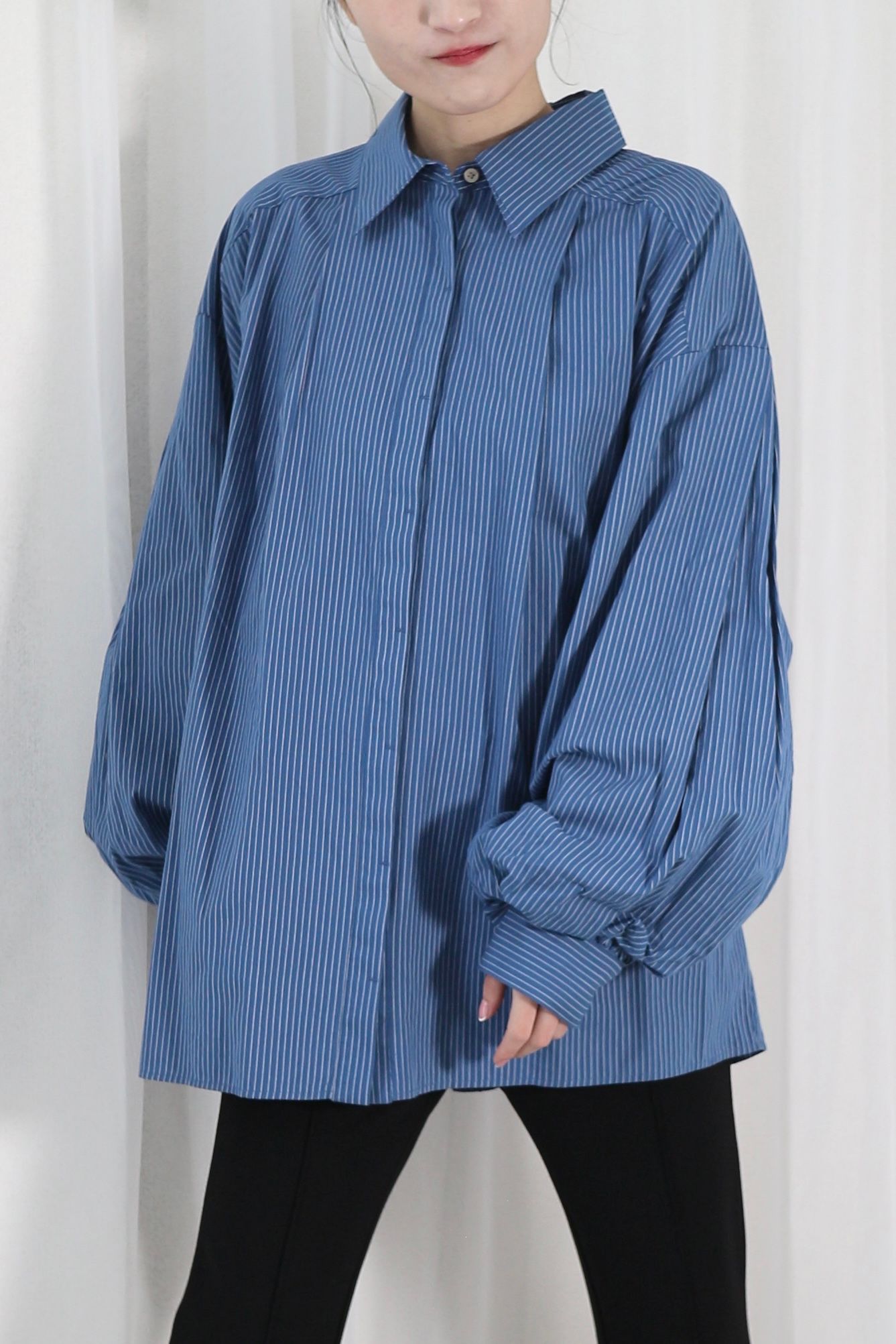 STRIPE VOLUME SLEEVE SHIRT / ストライプボリュームスリーブシャツ (ブルー)