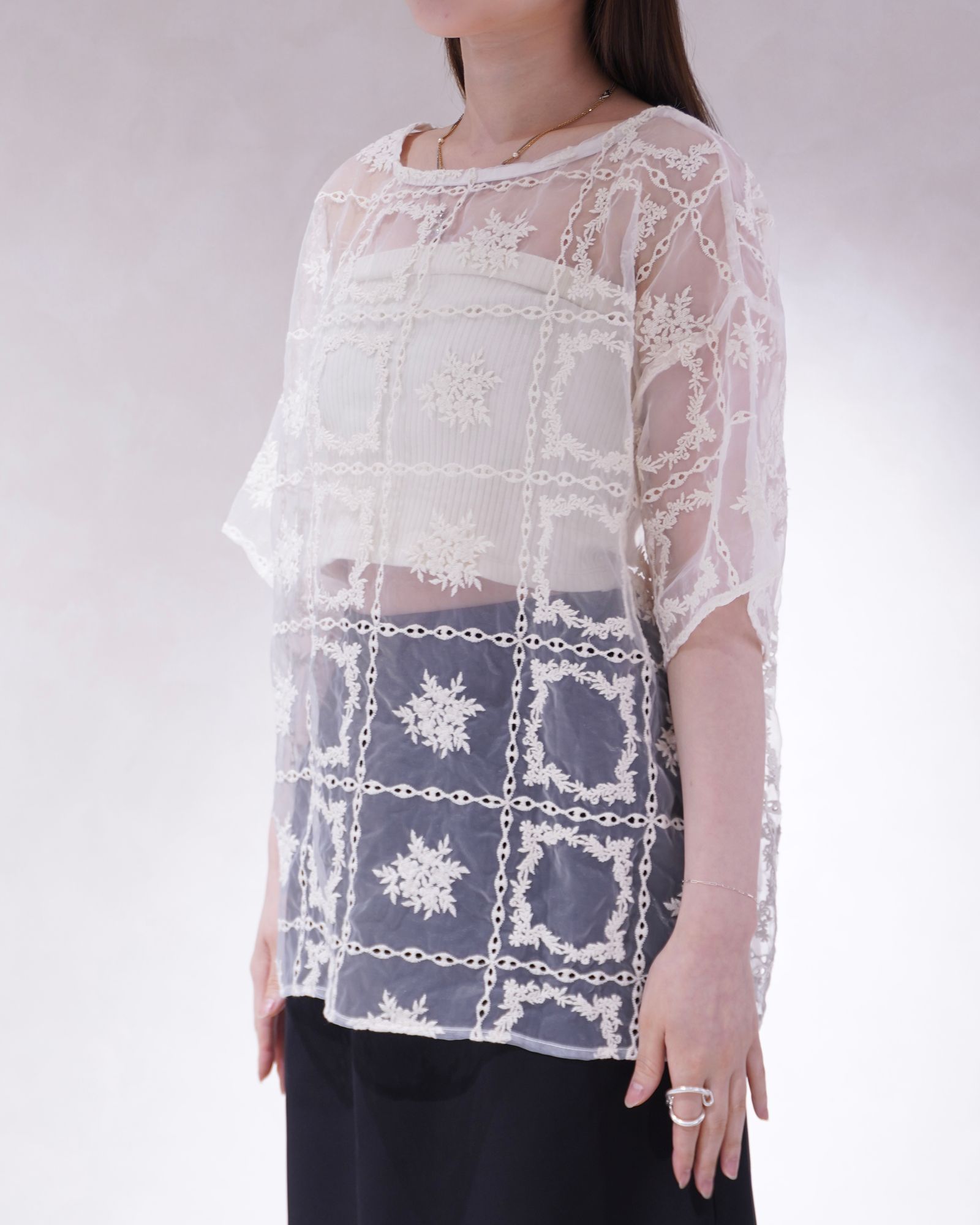 レースビッグTシャツ & リブトップス セット (ナチュラル) square lace big tee & rib tops SET (Natural) /  26SS