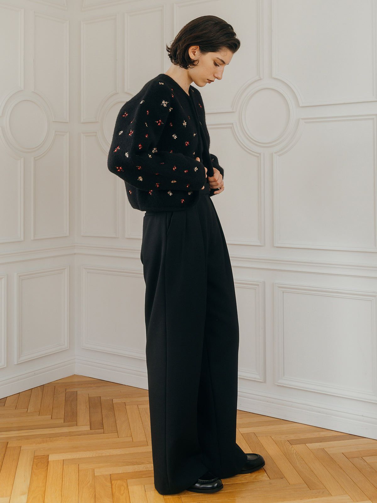 【25AW】FLOWER EMBROIDERY KNIT JACKET / フラワーエンブロイダリー ニットジャケット (ブラック)