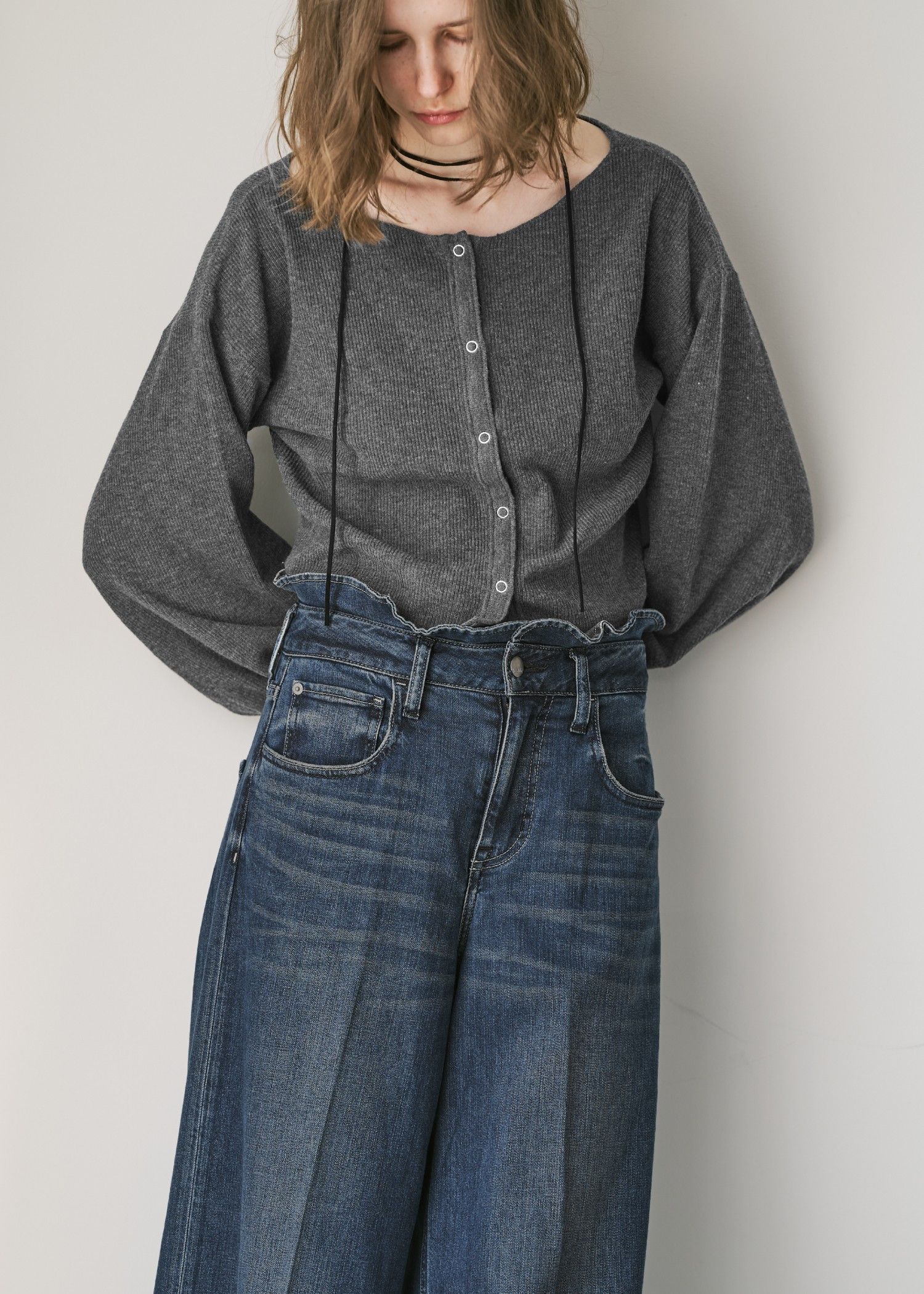 【Healthy DENIM × WILLFULLY】"Harmonia" waist frill wide denim PT / ヘルシーデニムコラボ フリルワイドデニムパンツ (ブルー) / 25AW /
