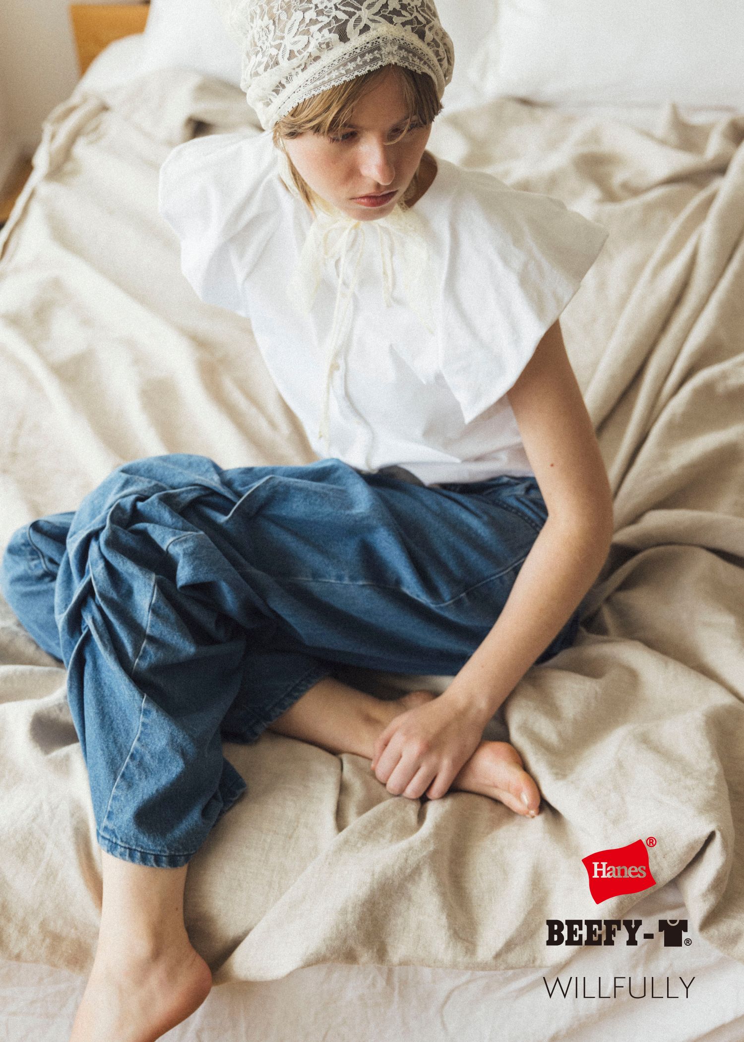 【Hanesコラボ】【2色セット】【Sサイズ】2P BEEFY-T balloon sleeve tops (White&Black) / ヘインズコラボ バルーンスリーブTシャツ (ホワイト&ブラック) / 26SS