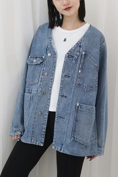 NO COLLAR WORK JEAN JACKET / ノーカラーワークデニムジャケット / レディース (ミッドブルー)