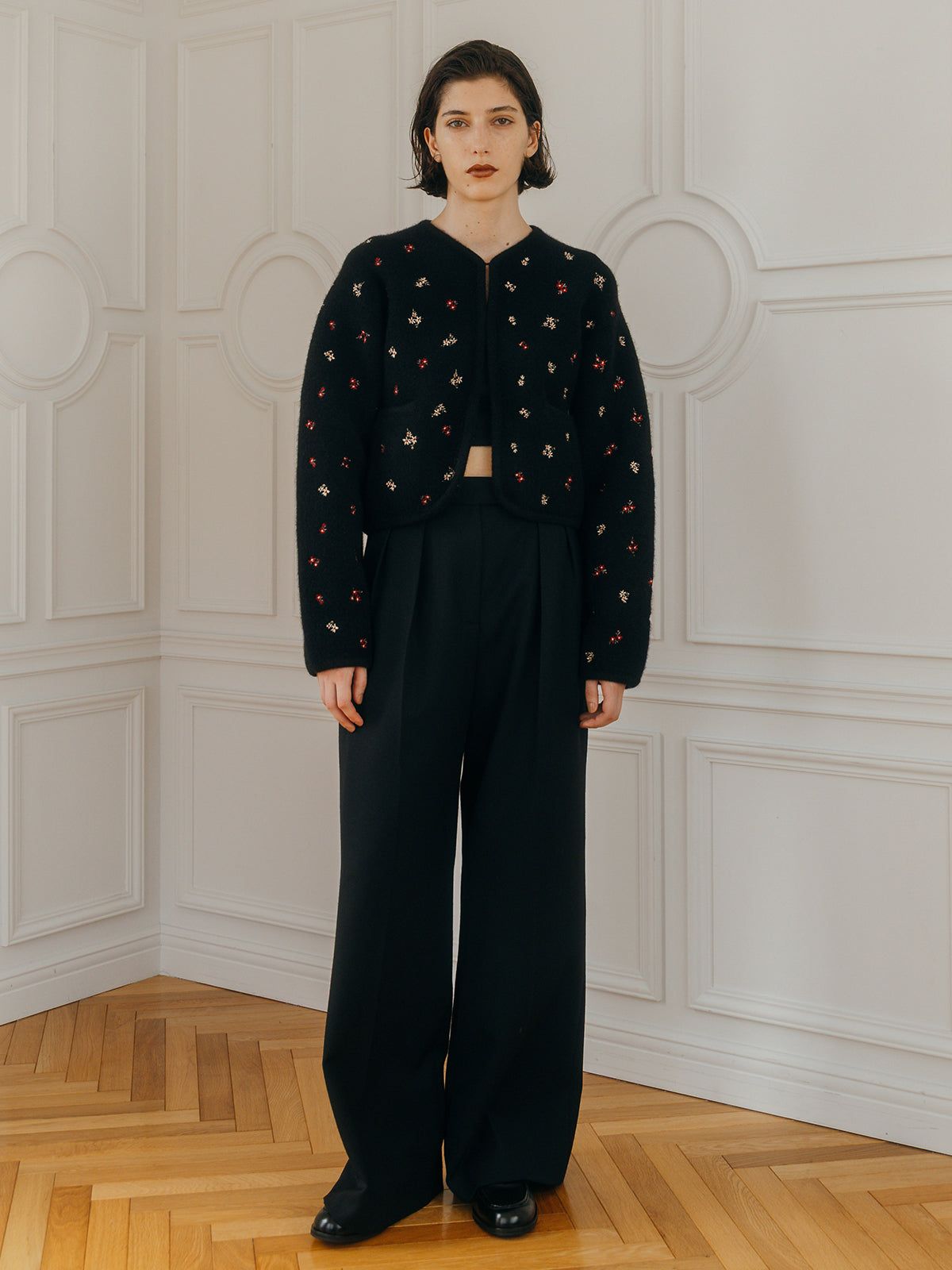 【25AW】FLOWER EMBROIDERY KNIT JACKET / フラワーエンブロイダリー ニットジャケット (ブラック)