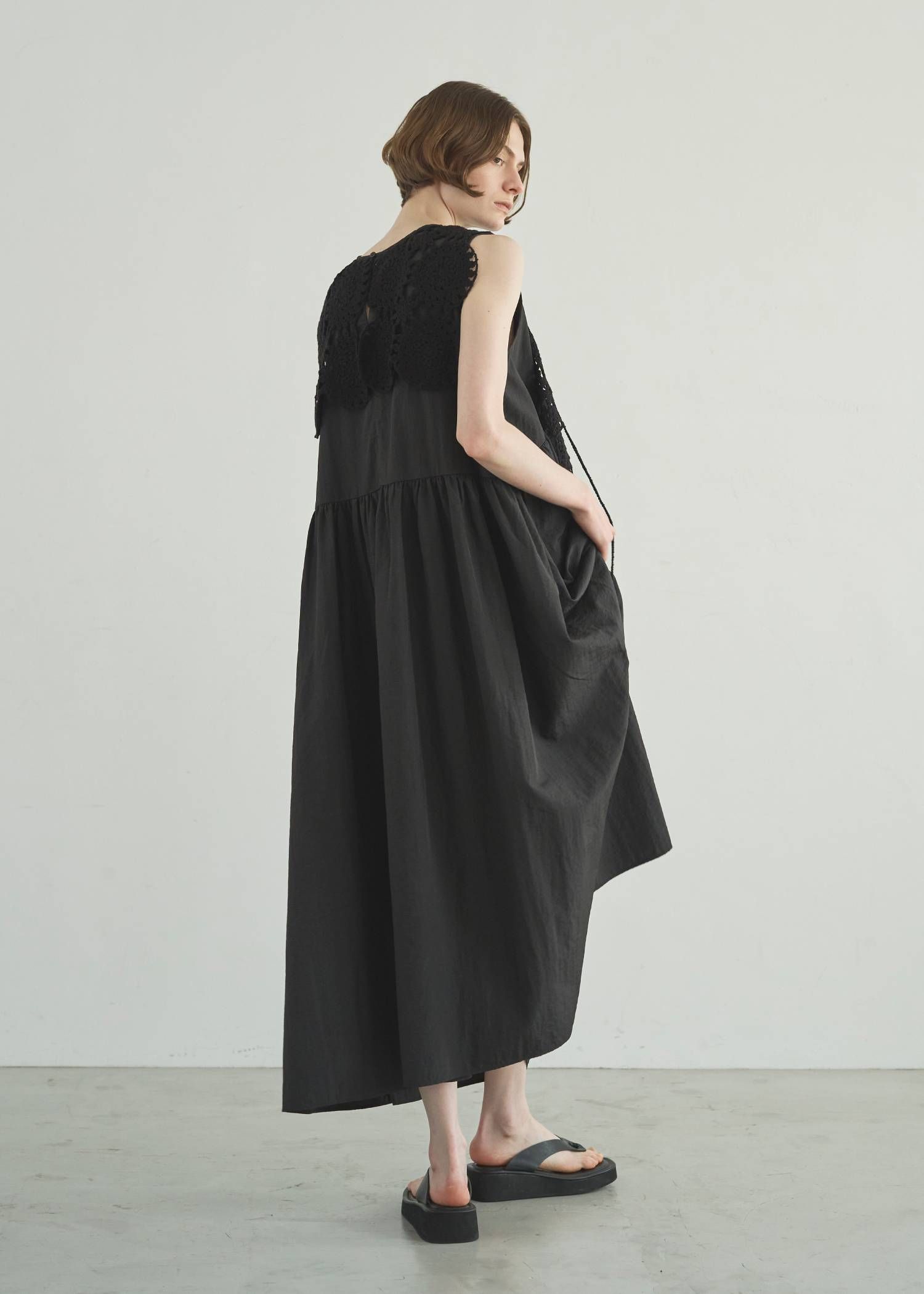クロシェ ナイロンワンピース (ブラック) crochet knit layered nylon OP (Black) /  26SS