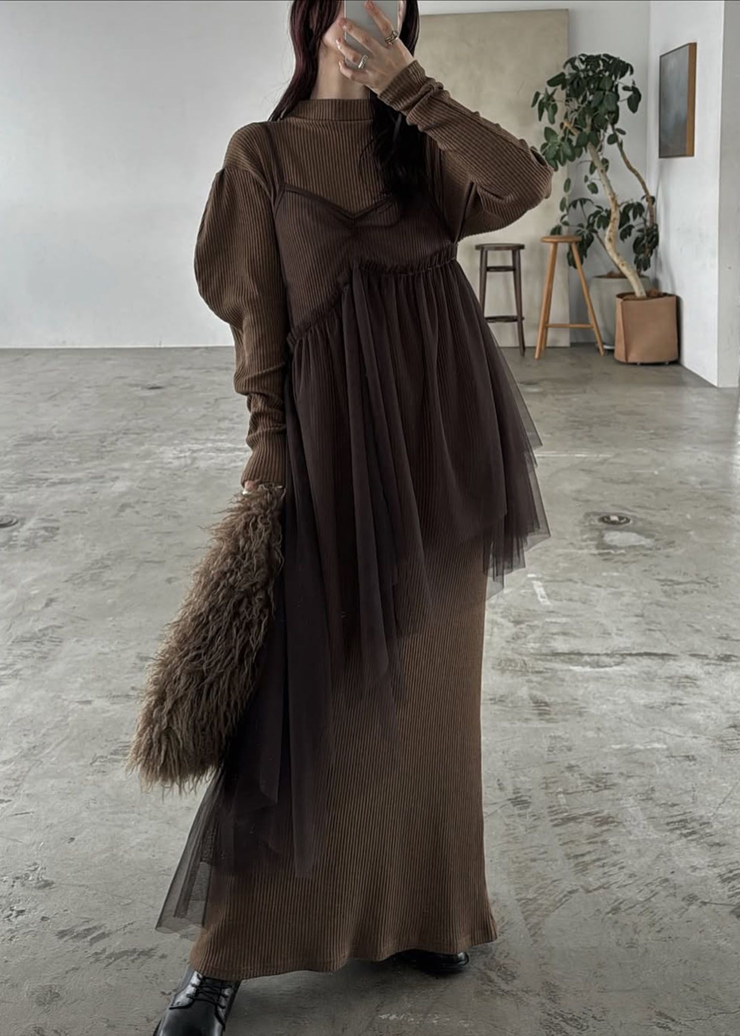 volume sleeve high neck rib OP / ハイネックリブワンピース (ブラウン) / 25AW /