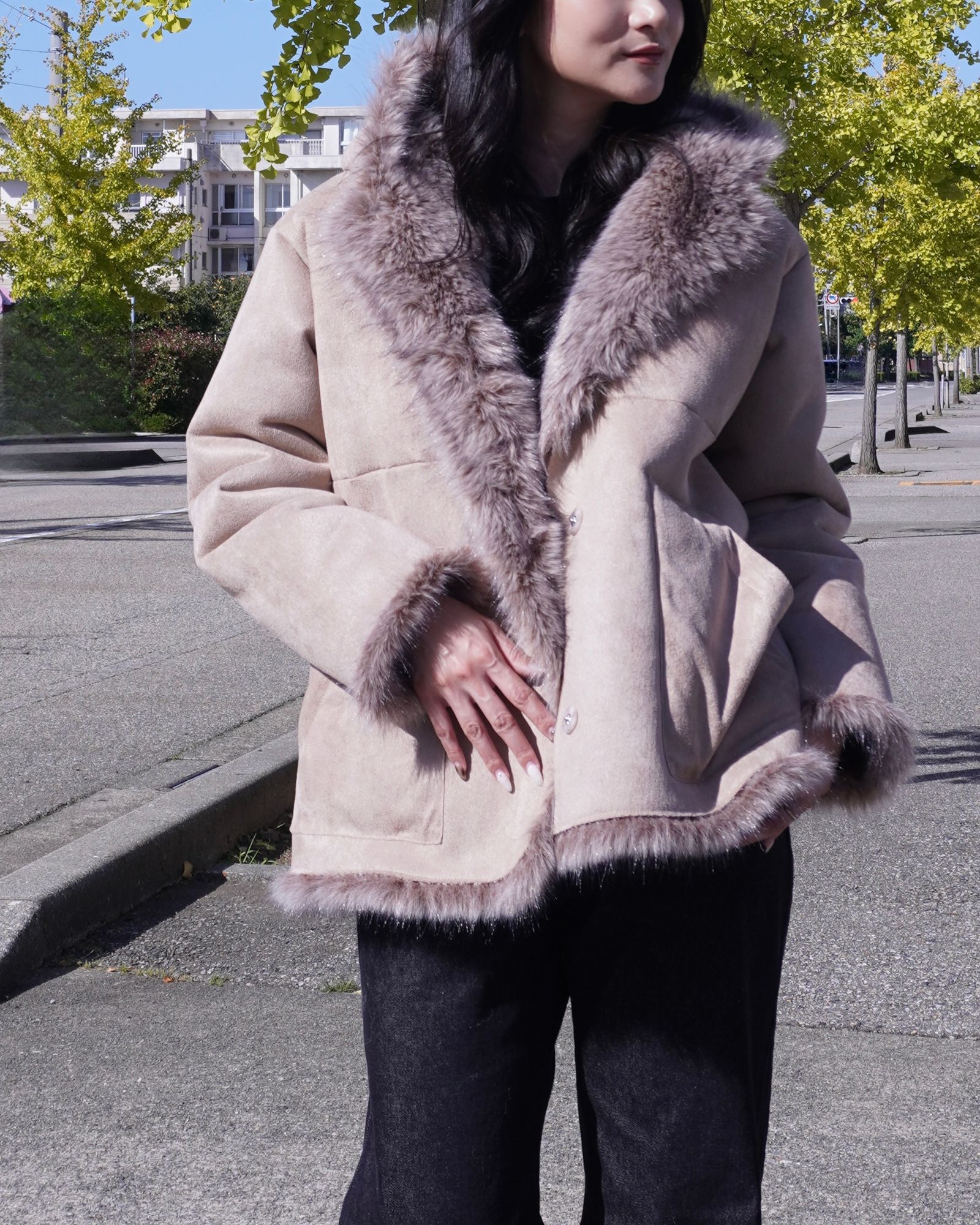 【25AW】Fox Like Fur Hoodie Coat / フォックスライクファー リバーシブルフーディコート (ベージュ) / エコファー / フェイクファー