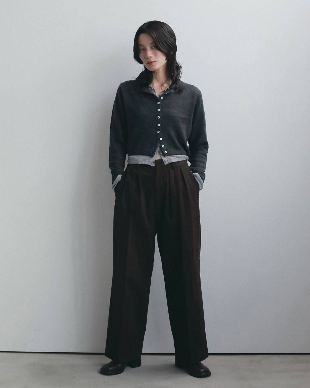 レイヤード クルーネックカーディガン (チャコールグレー) Layered Crewneck Cardigan (Charcoal gray) / 26AW 【6月29日まで期間限定予約】