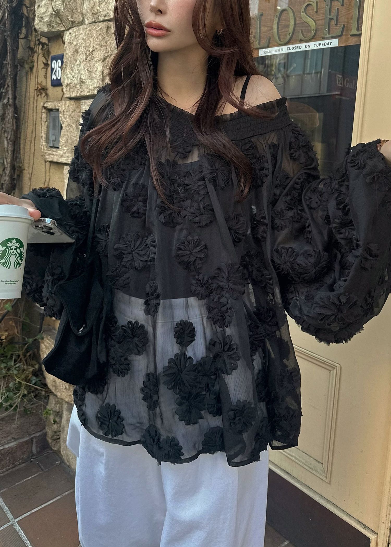 flower motif sheer BL (Black) / フラワーモチーフシアーブラウス (ブラック) / 26SS
