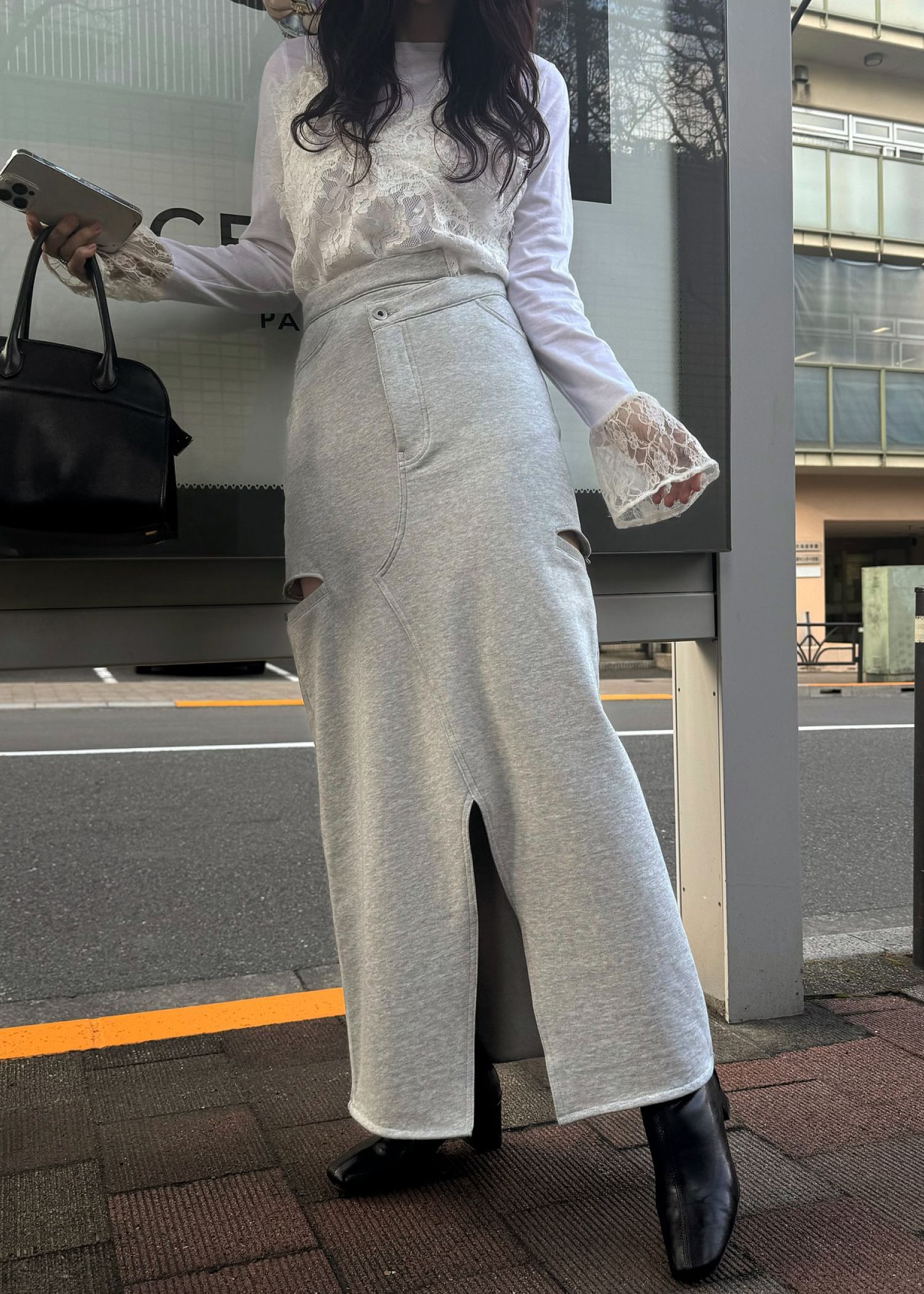 back bi color patchwork remake sweat SK / パッチワーク リメイク スウェットスカート (Heather gray) / 26SS