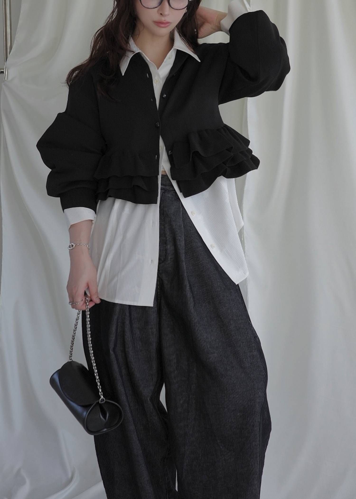 フリルニットカーディガン (ブラック) hem ruffle frill knit cardigan (Black) /  26SS