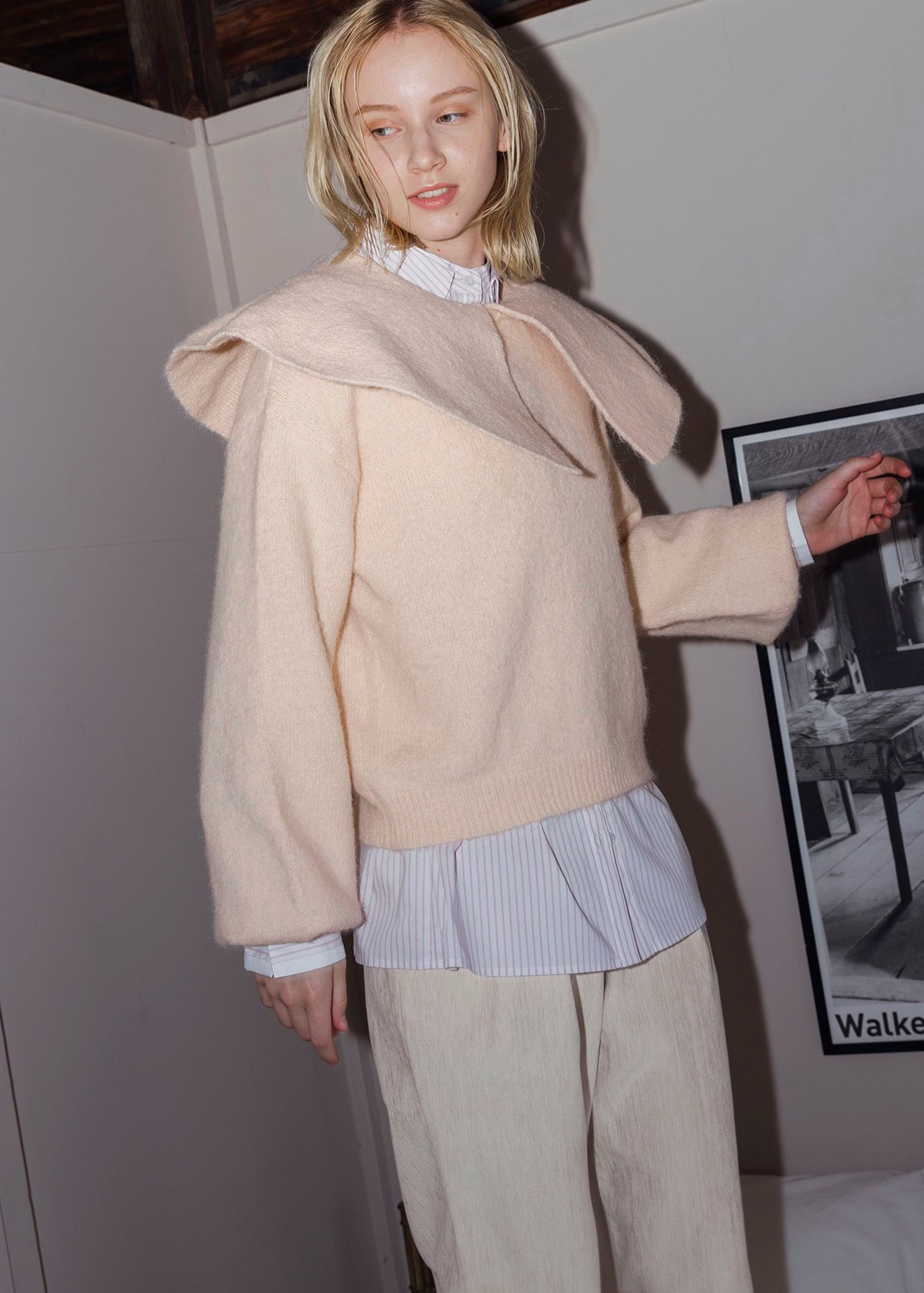 overlay big collar volume sleeve knit / ビッグカラー ボリュームスリーブニット (ベビーピンク) / 25AW /