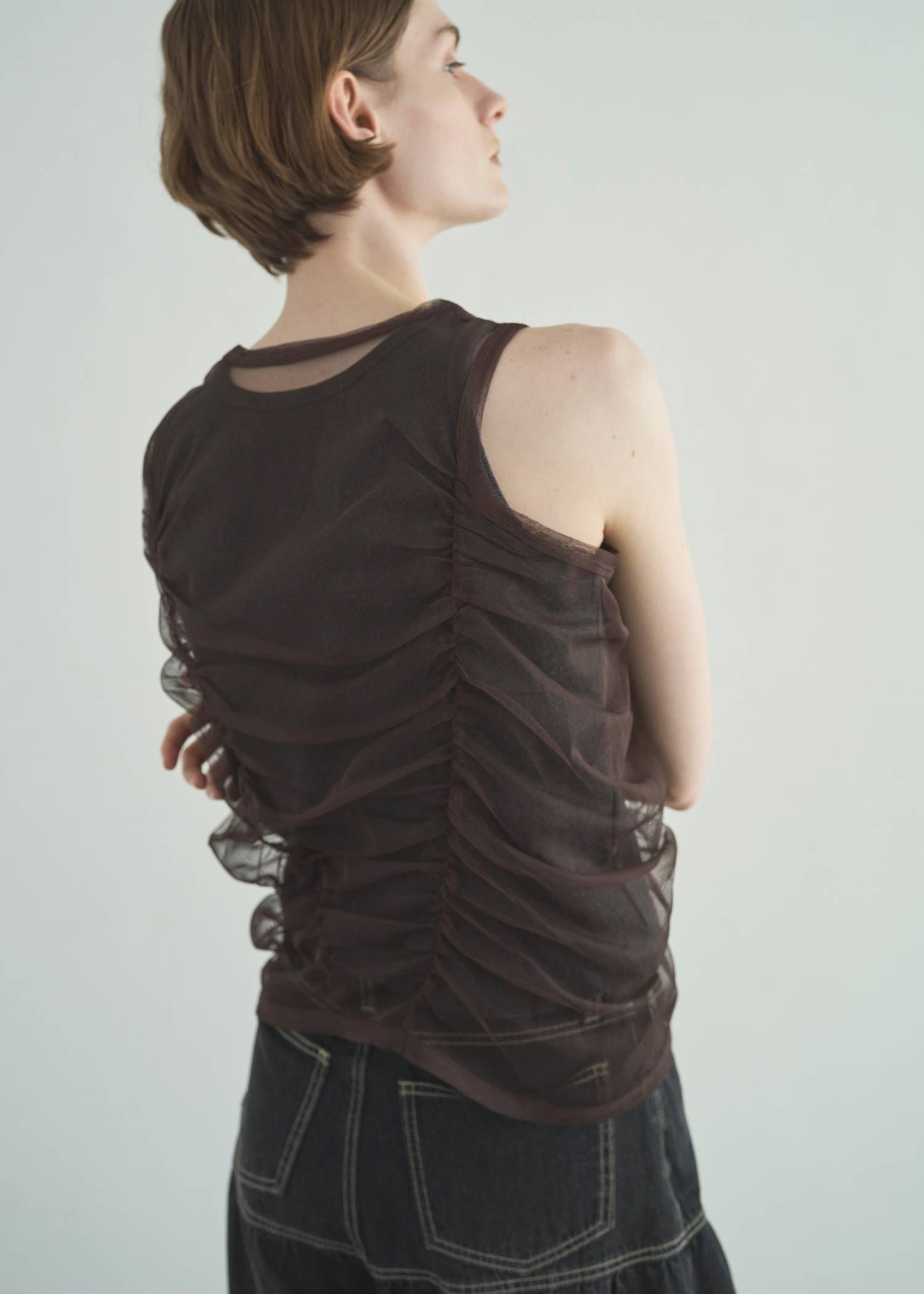 チュールリブタンク (チャコール) gather tulle layered rib tank (Charcoal) /  26SS