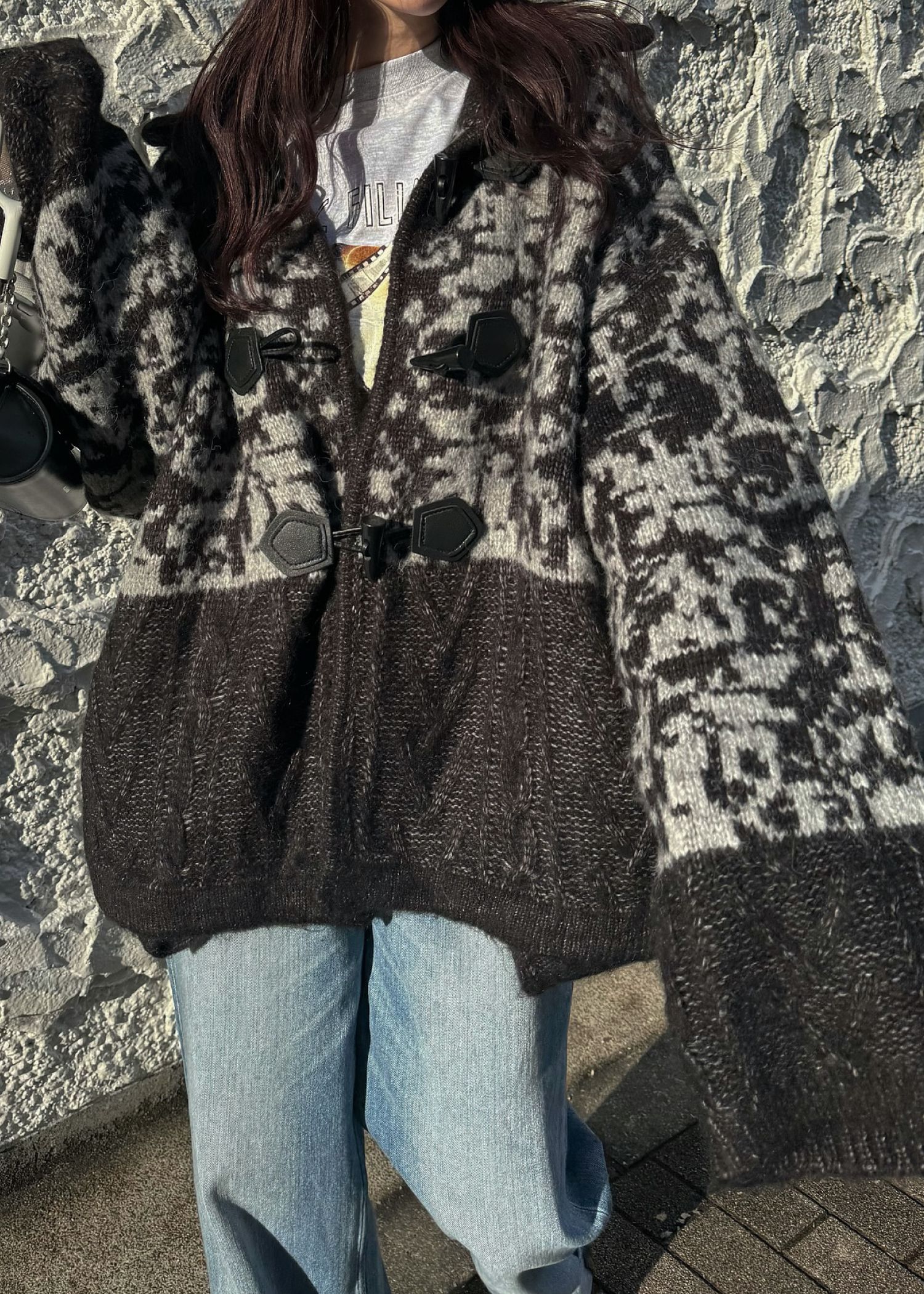 jacquard & cable placement toggle knit / ジャガード ケーブルトグルニット (チャコール) / 25AW /