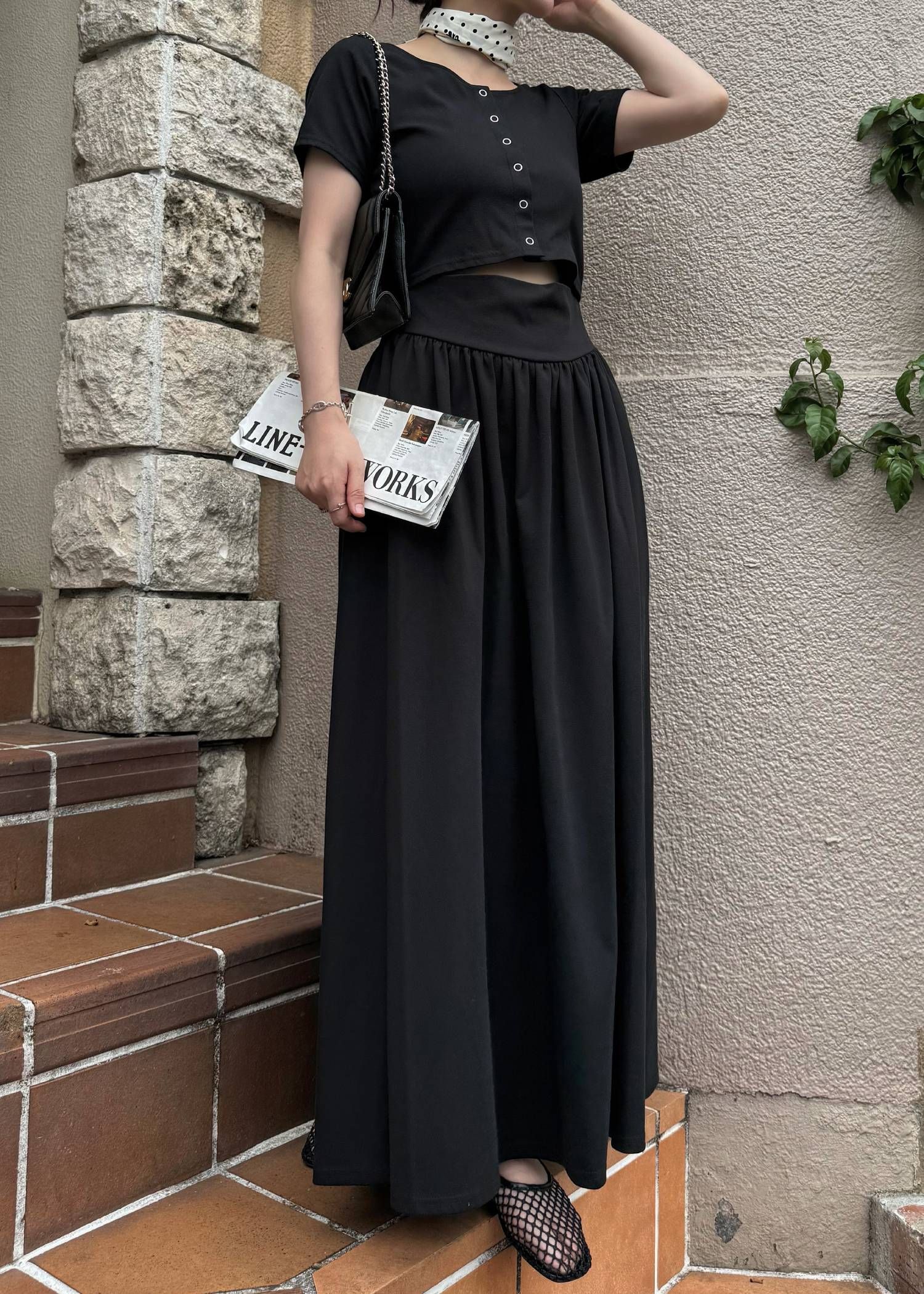 ヘルシーカット ワンピース (ブラック) healthy cut out waist snap button OP (Black) /  26SS