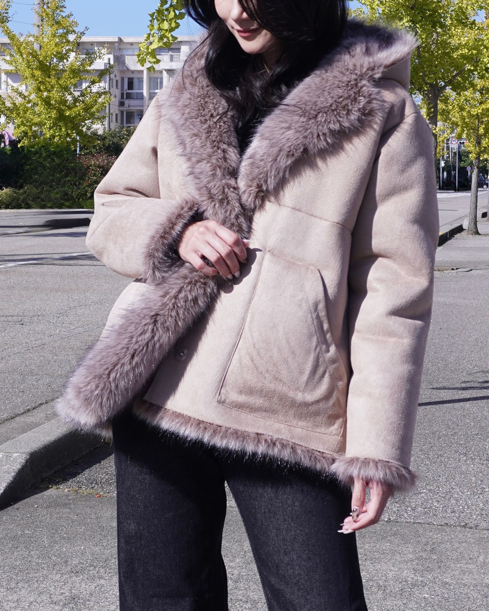 【25AW】Fox Like Fur Hoodie Coat / フォックスライクファー リバーシブルフーディコート (ベージュ) / エコファー / フェイクファー