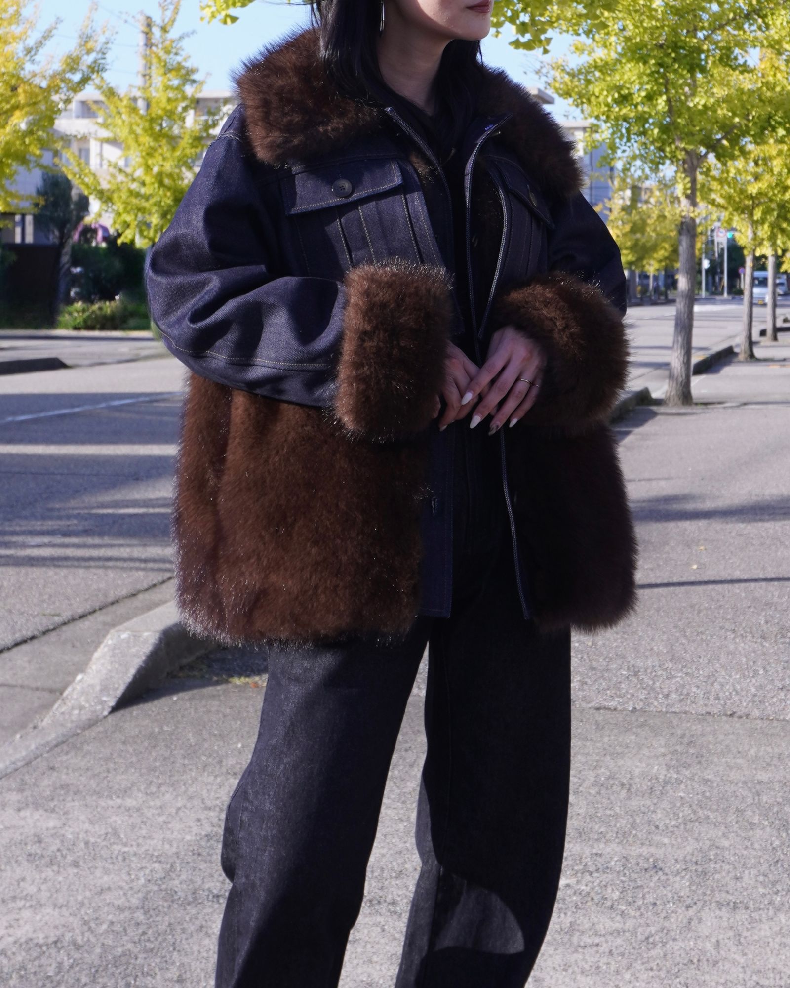 【25AW】Denim Docking Fur Jacket (ダークネイビー) / デニムドッキングファージャケット / エコファー / フェイクファー