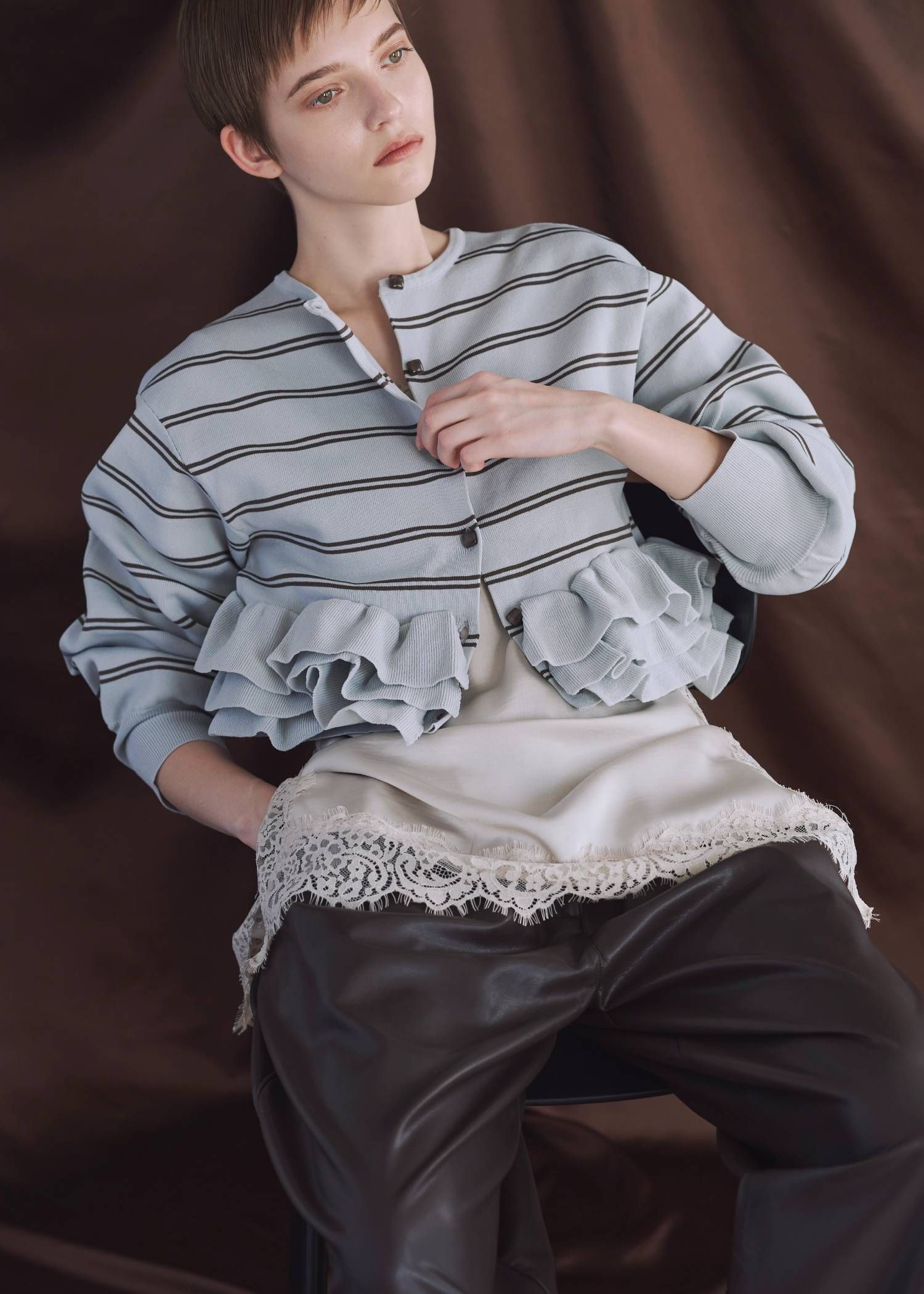 フリルニットカーディガン (スモーキーブルー) hem ruffle frill knit cardigan (SBlue) /  26SS