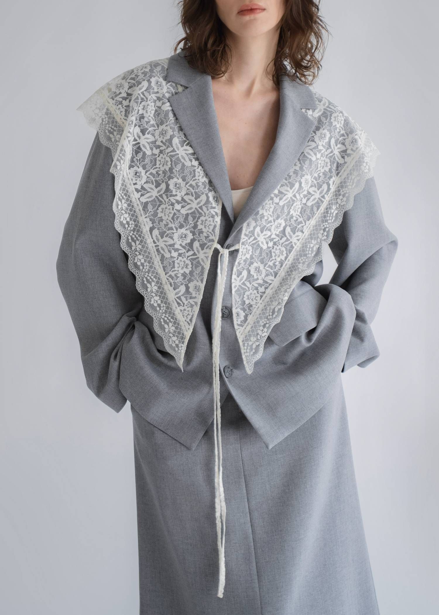 アレンジレース ジャケット (ライトグレー) arrangement lace shawl oversize JK (Lgray) /  26SS