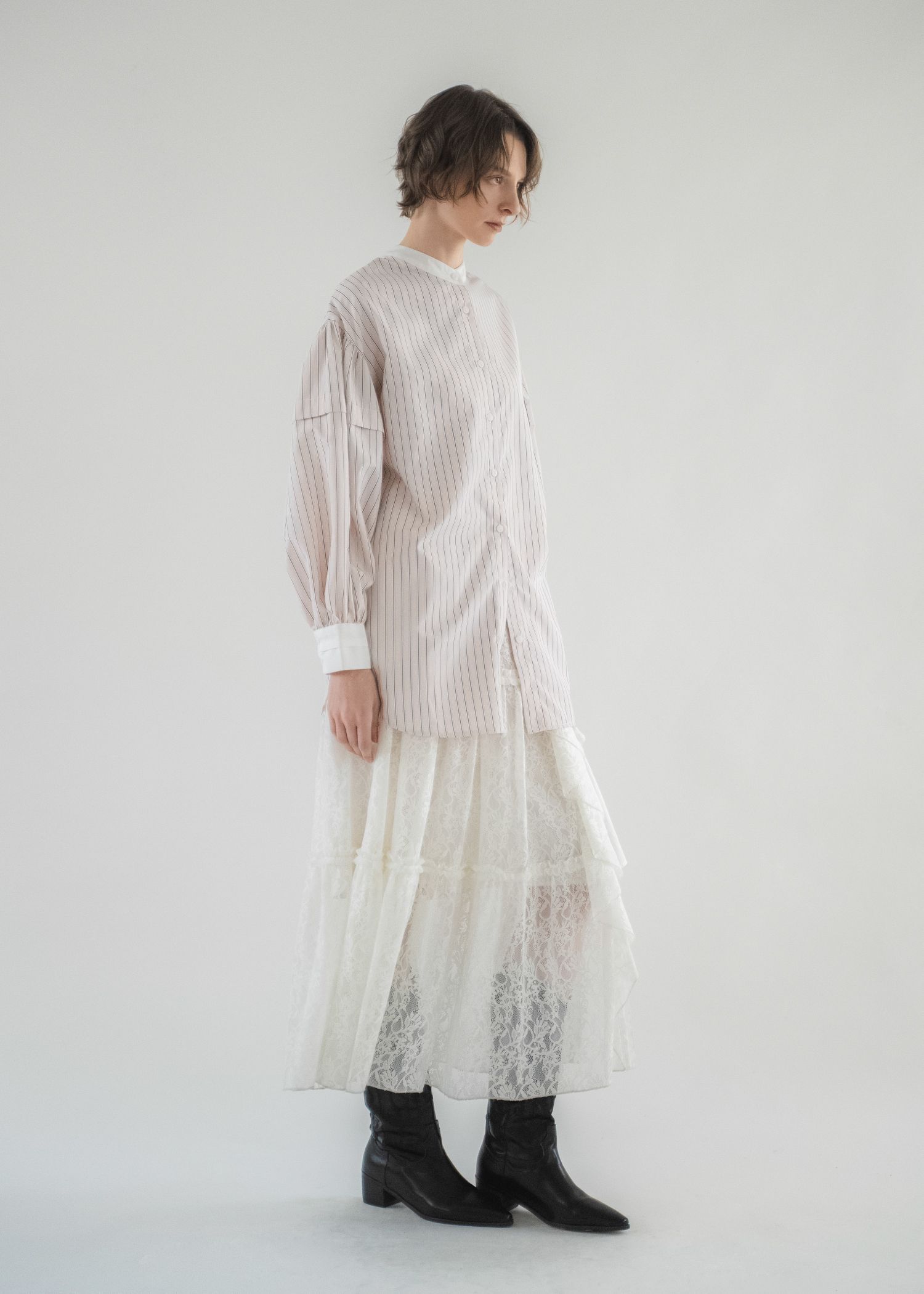 stripe balloon sleeve cleric BL / ストライプ バルーンスリーブ ブラウス (Baby pink) / 26SS