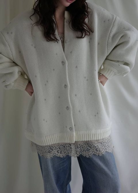 【ロング】ハートドット リバーシブルカーディガン (アイボリー×アイス) long heart dot jacquard reversible knit cardigan (ivory×ice) /  26AW