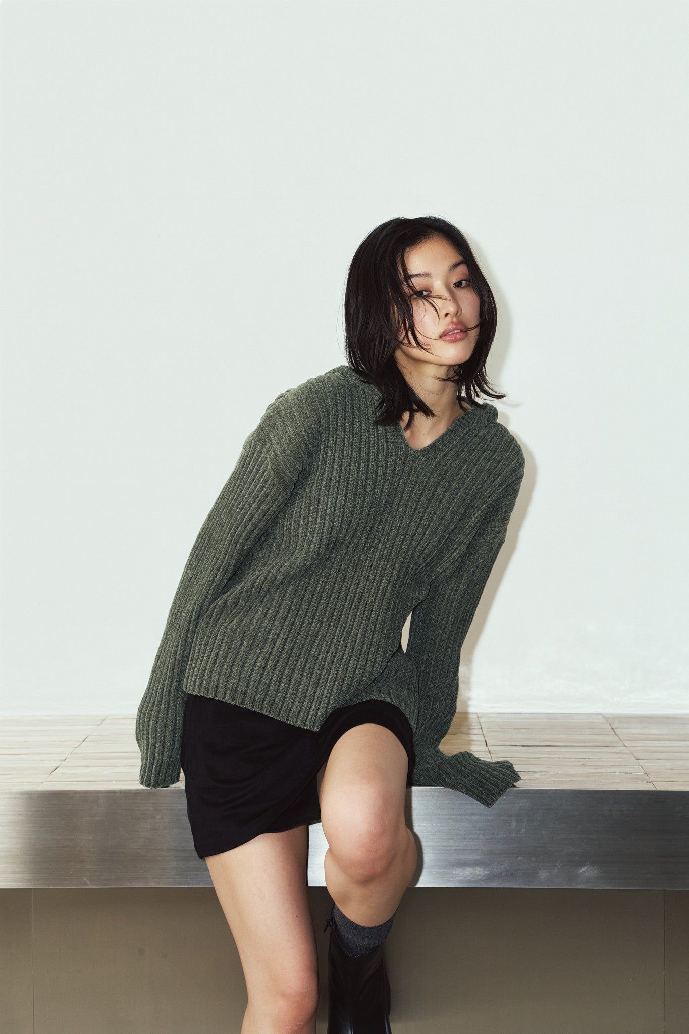ブークレ ニット フーディ (カーキ) rib hoodie boucle knit (Khaki) / 26AW