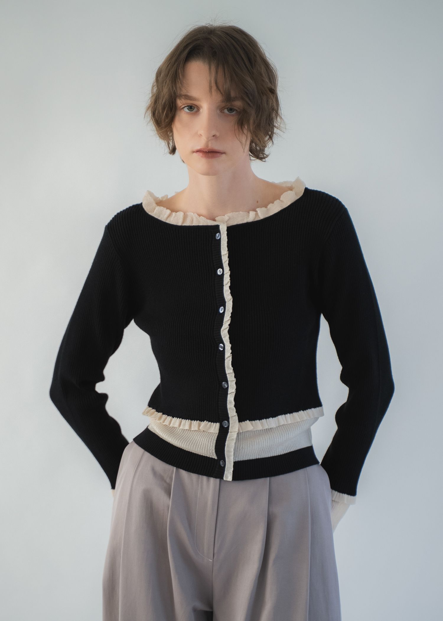 partial sheer frill knit cardigan / シアーフリル ニットカーディガン (Black) / 26SS