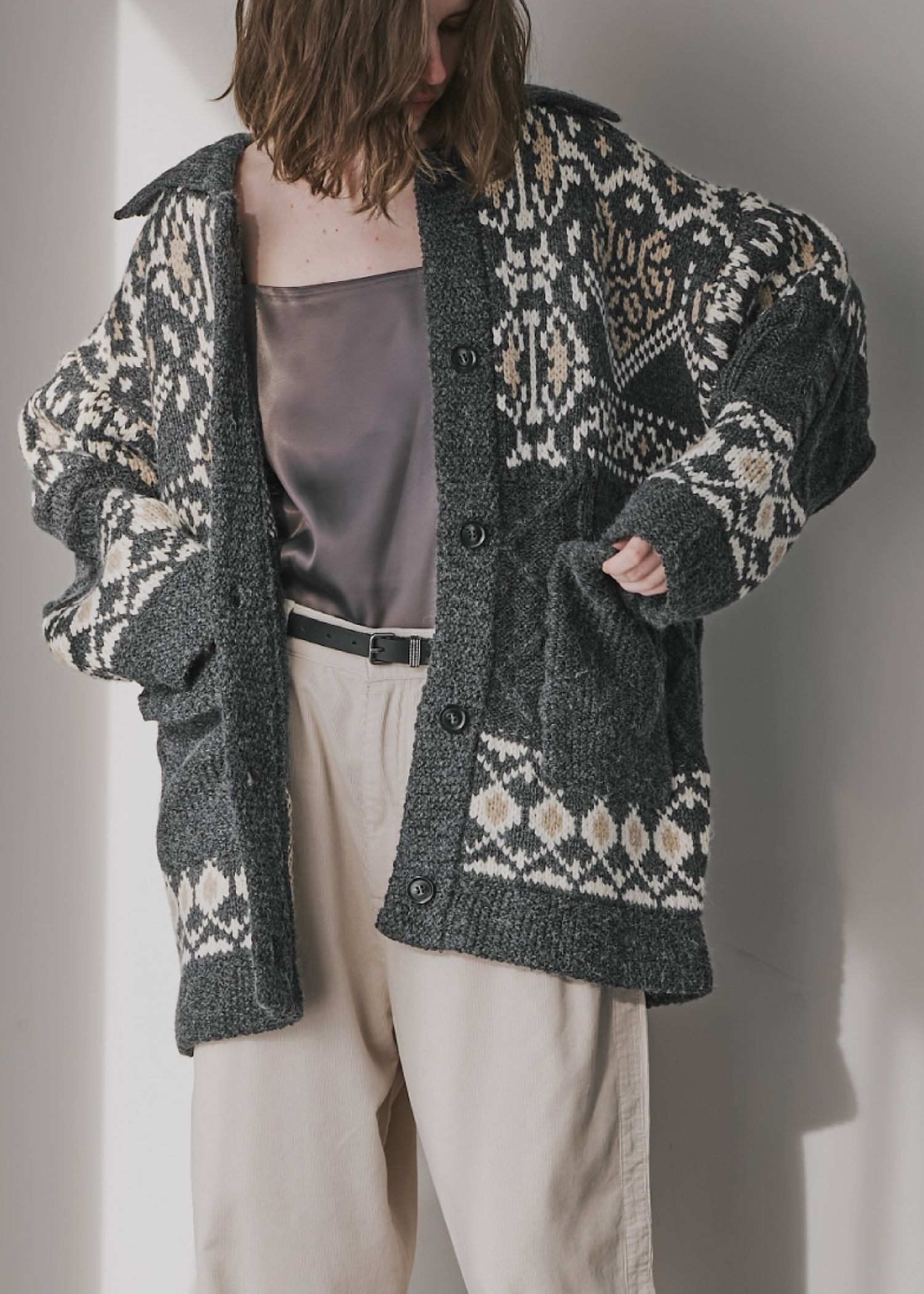 nordic pattern knit cowichan jacket / ノルディック カウチンニットジャケット (チャコール) / 25AW /