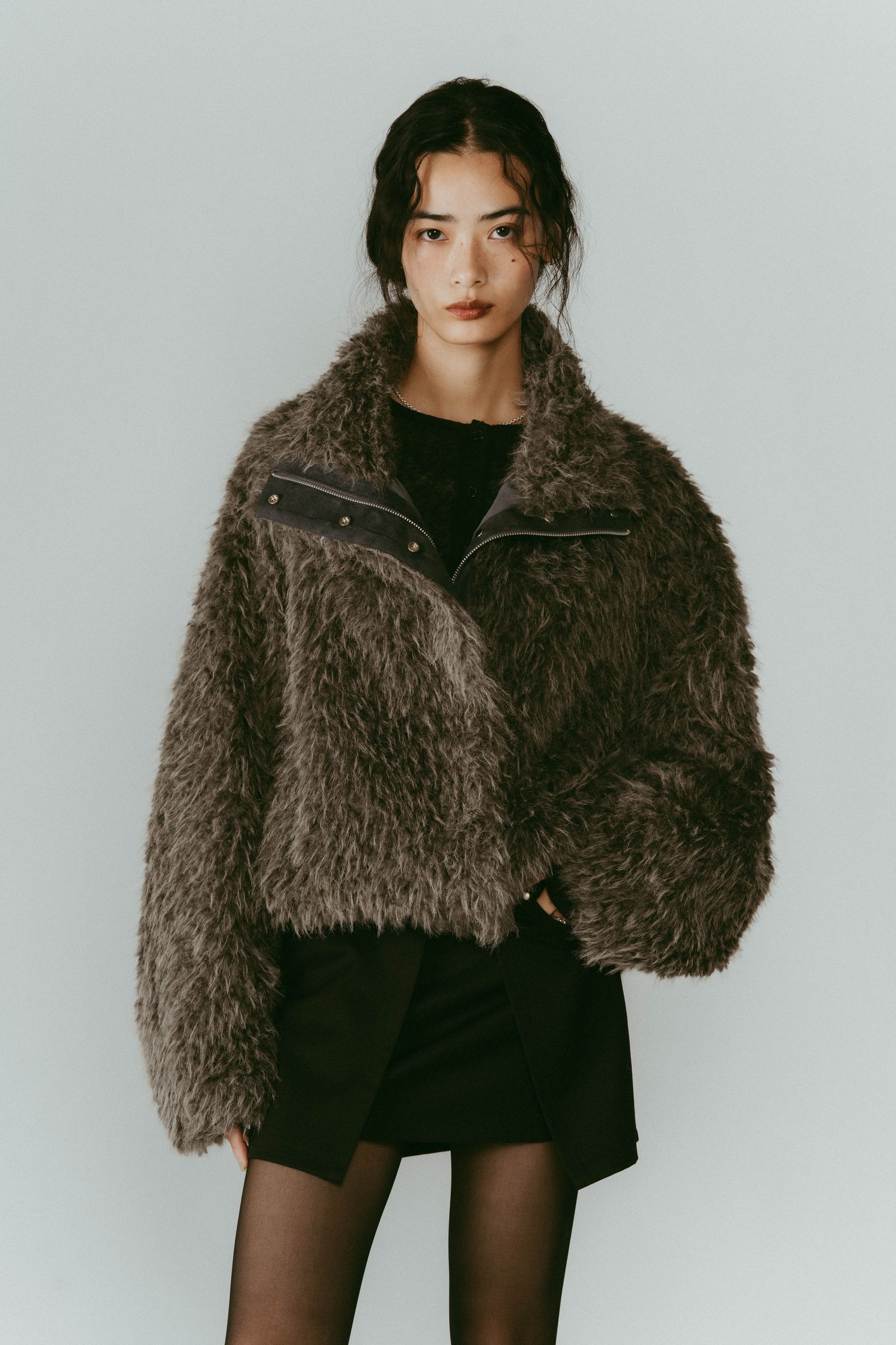 shaggy stand collar coat / シャギースタンドカラーコートブルゾン (グレー) / 25AW