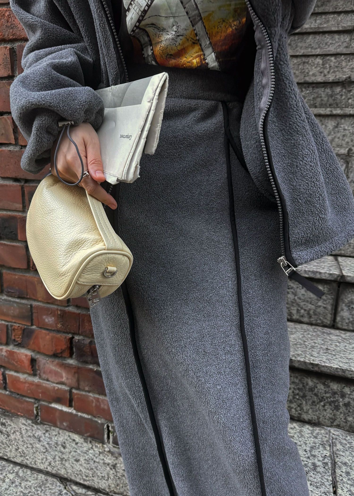 fleece drawstring bi color piping SK / バイカラー フリーススカート (チャコール) / 25AW /