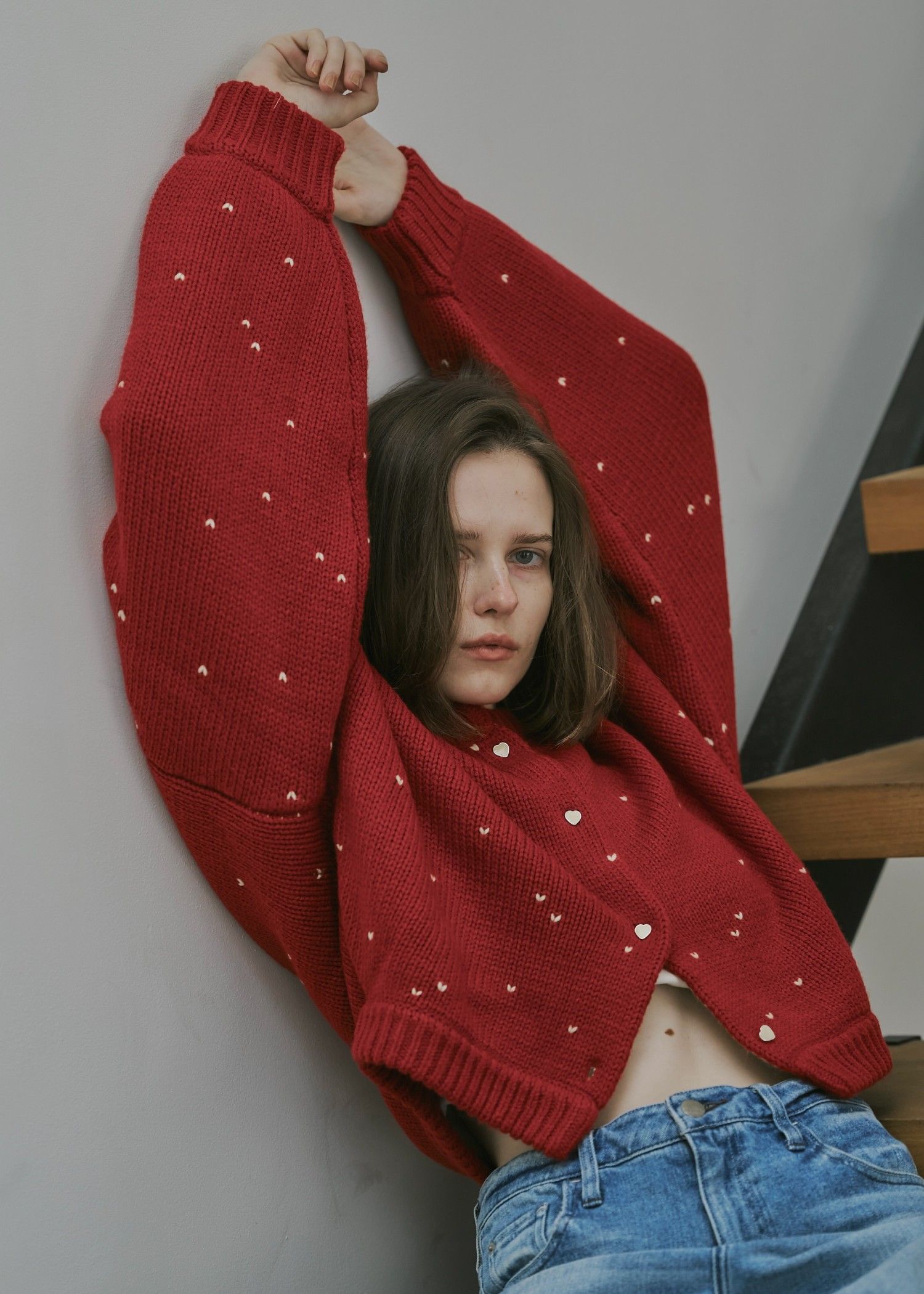 heart dot jacquard reversible cropped knit cardigan / ハートドット ジャガード リバーシブルクロップドカーディガン (レッド×タン) / 25AW