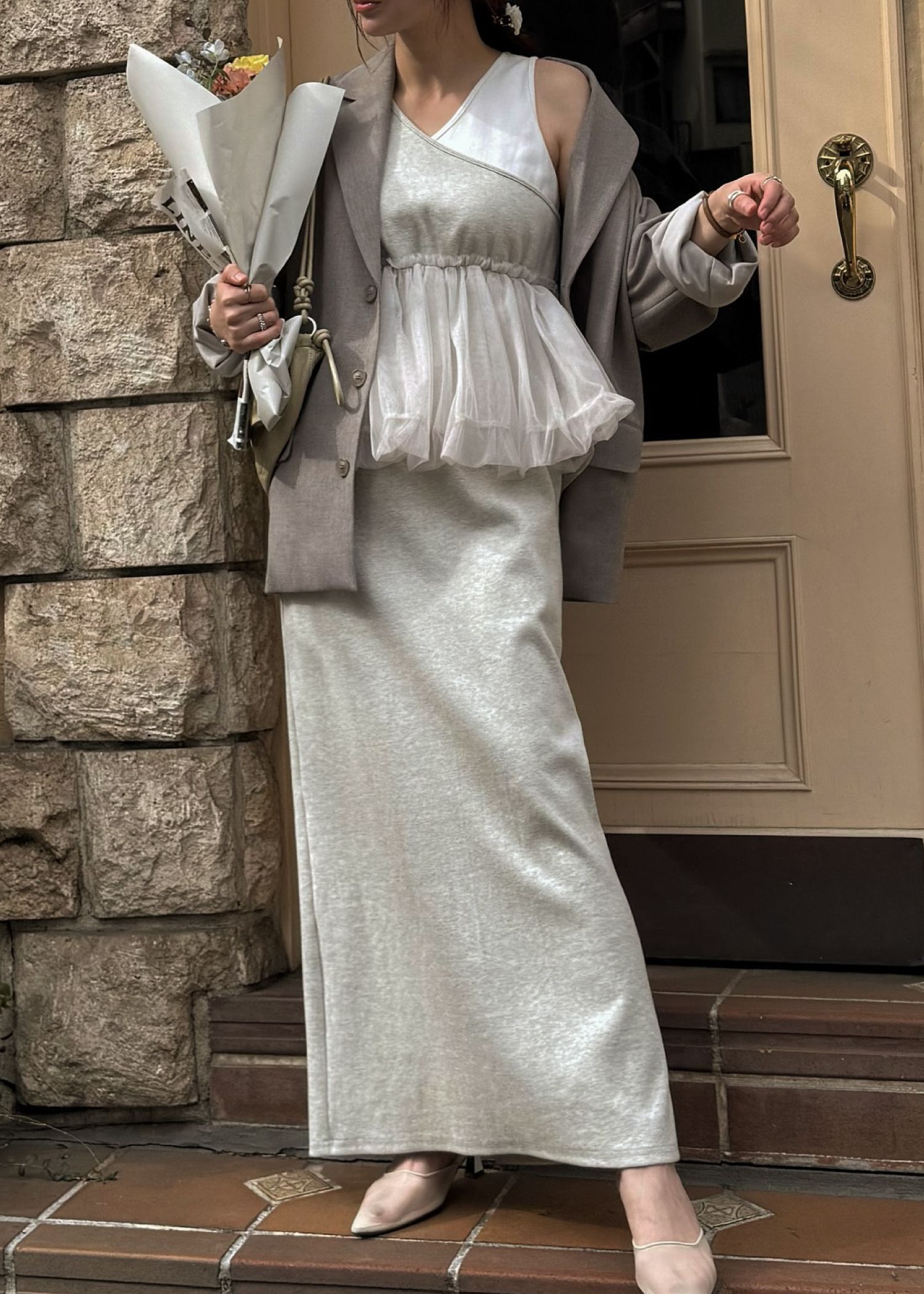 tulle peplum docking rib OP (Oatmeal) / チュールペプラムワンピース (オートミール) / 26SS