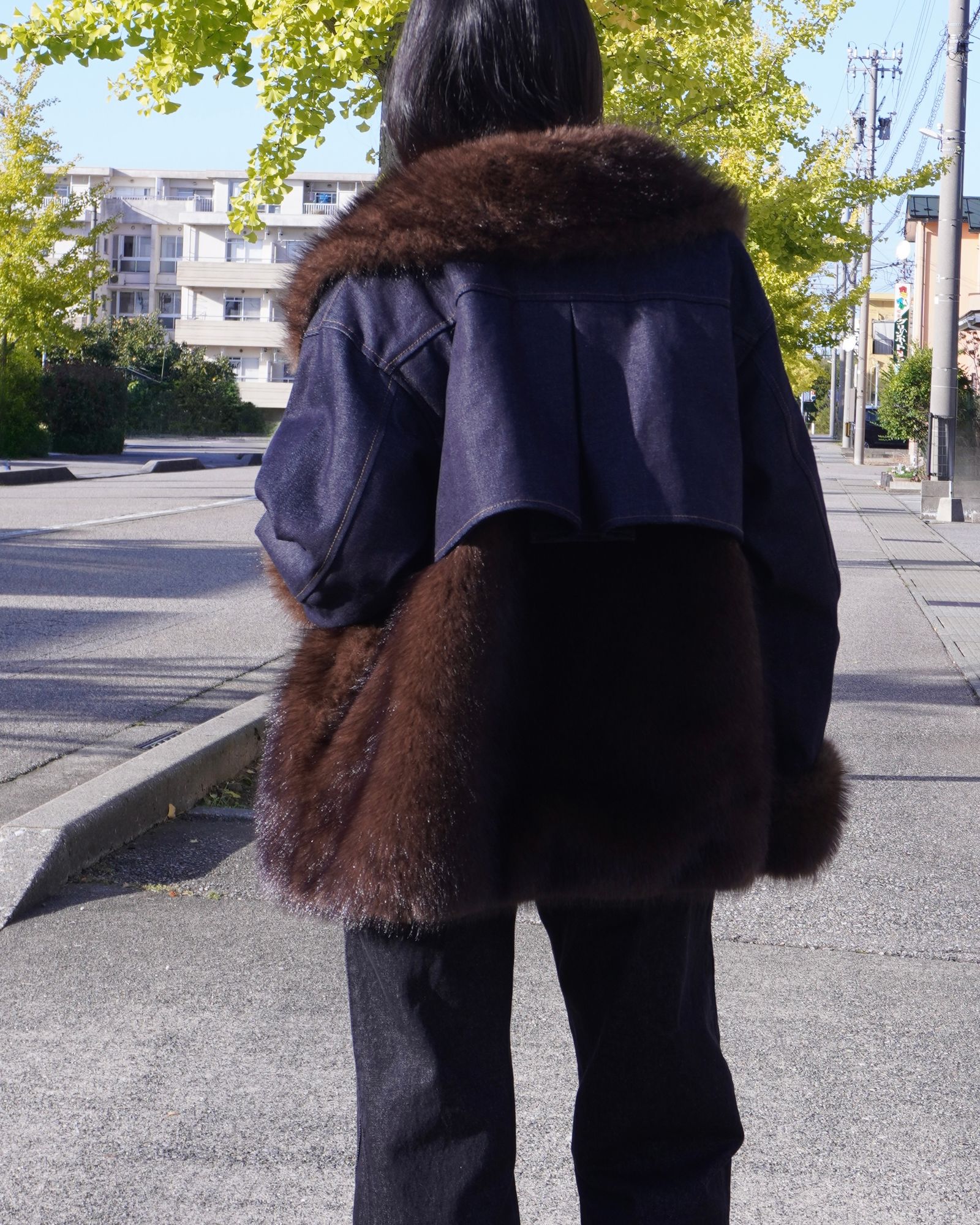 【25AW】Denim Docking Fur Jacket (ダークネイビー) / デニムドッキングファージャケット / エコファー / フェイクファー