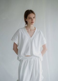 バルーンヘム スウェット半袖トップス (アイボリー) balloon hem moss stitch sweat tops (Ivory) /  26SS