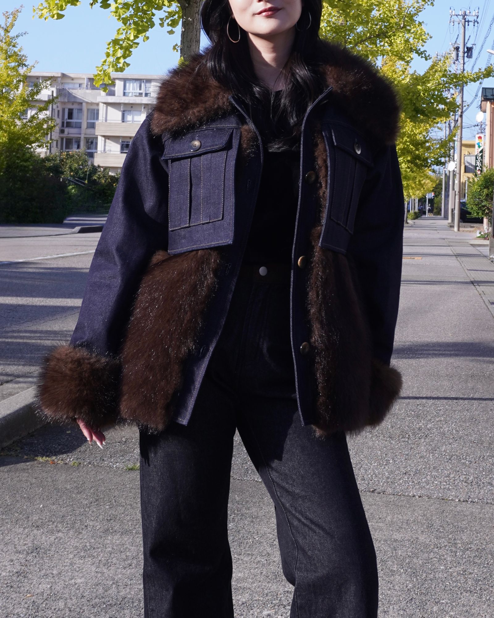 【25AW】Denim Docking Fur Jacket (ダークネイビー) / デニムドッキングファージャケット / エコファー / フェイクファー