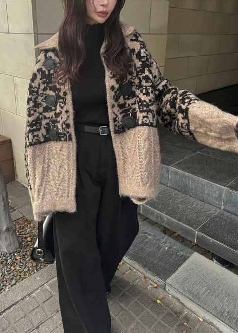 ジャガード ケーブルトグルニット (タン) jacquard & cable placement toggle knit